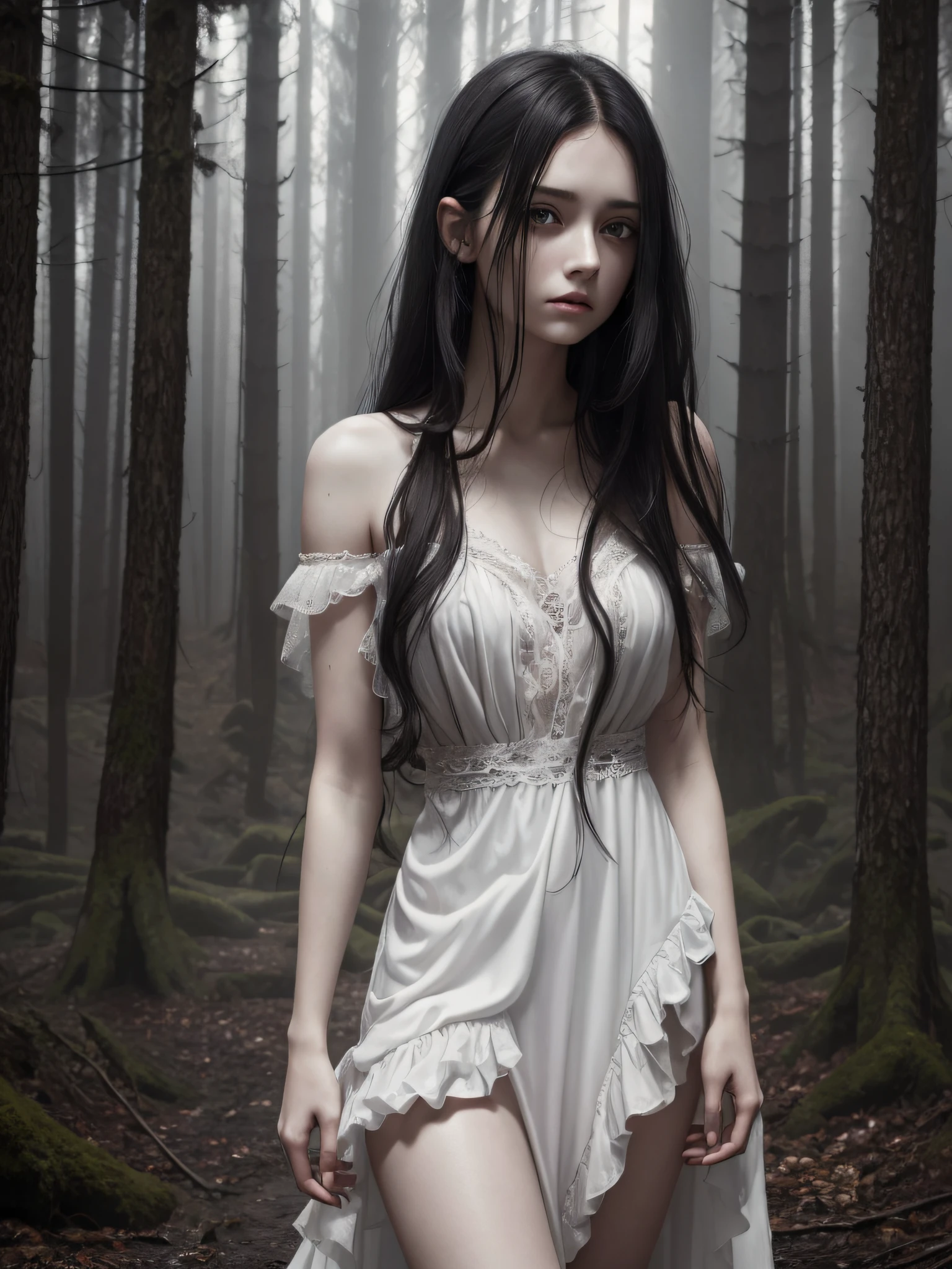 ung women, long messy hair, her hair are black, sad face expression, grey eyes, high res, high quality, 8k, wearing a torn white dress, her dress is torn, she has a pale skin, dark fantasty, forest background