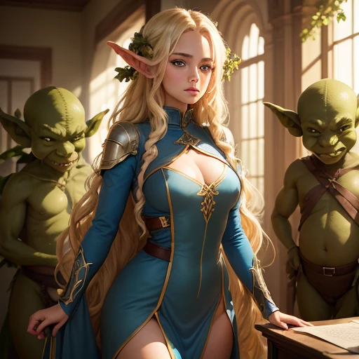 A  girl, 25 years old with blue eyes, blonde woman, long wavy hair, Beautiful Character Face. thigh boots.  Resents. standing in the office (surrounded by little green goblins:1.3). full-length photo. side-view. higly detailed. Top Quality.  elvish.