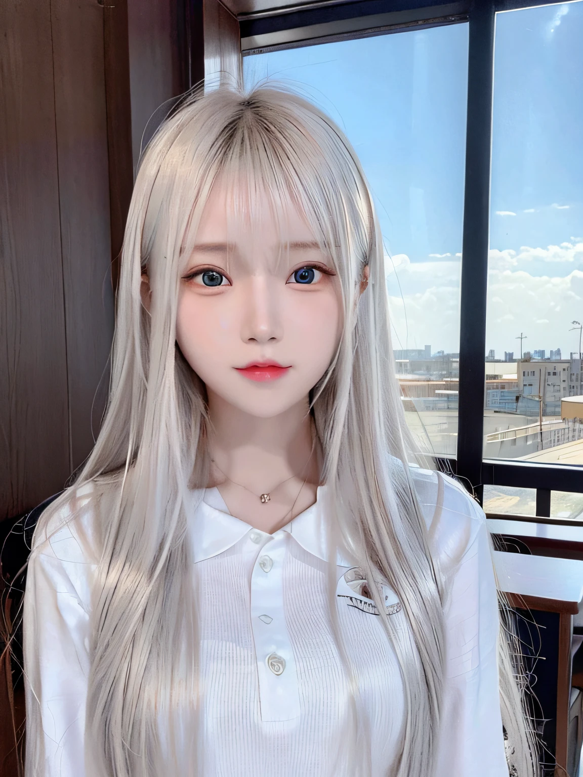 bright expression、photorealisim、top-quality、超A high resolution、a picture、Photos of the most beautiful Nordic girls、Detailed cute and beautiful face、a small face、(pureerosface_v1:0.008)、Beautiful bangs、alice in the wonderland、18year old、Glowing white shiny skin、Hair tangled in the face、Bangs that extend to the face、bangss、Hair between the eyes、Super long hair、Attractive bright natural platinum blonde super long straight silky hair、finer hair、Attractive glowing beautiful bright clear light blue big eyes、School Uniforms、student clothes、eye liner、Double eyelids、ample breasts
