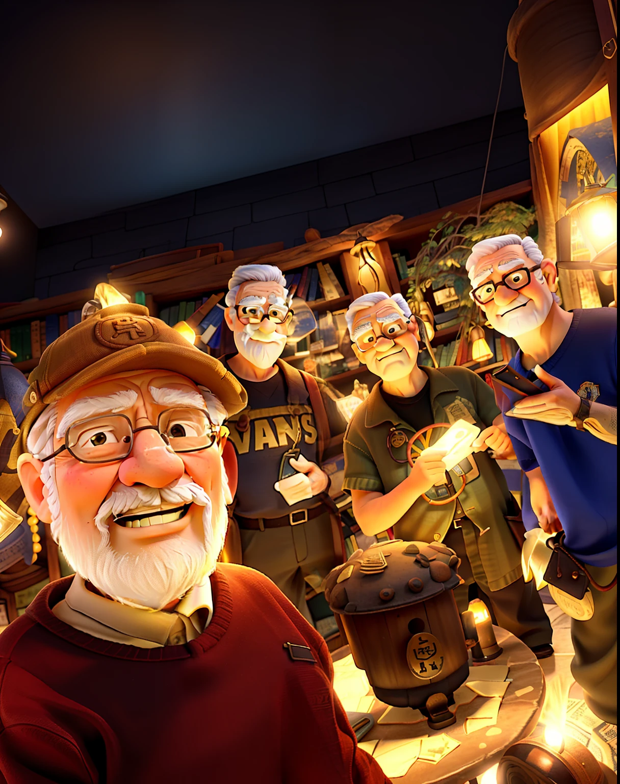 A wise old man standing in front, illuminated by the light of a lamp, against the backdrop of a library