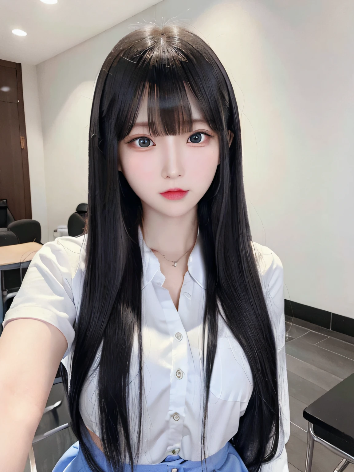 bright expression、photorealisim、top-quality、超A high resolution、a picture、Photos of the most beautiful Nordic girls、Detailed cute and beautiful face、a small face、(pureerosface_v1:0.008)、Beautiful bangs、alice in the wonderland、18year old、Glowing white shiny skin、Hair tangled in the face、Bangs that extend to the face、bangss、Hair between the eyes、length hair、Attractive black hair straight silky hair、finer hair、Attractive glowing beautiful bright clear light blue big eyes、School Uniforms、student clothes、eye liner、Double eyelids、ample breasts