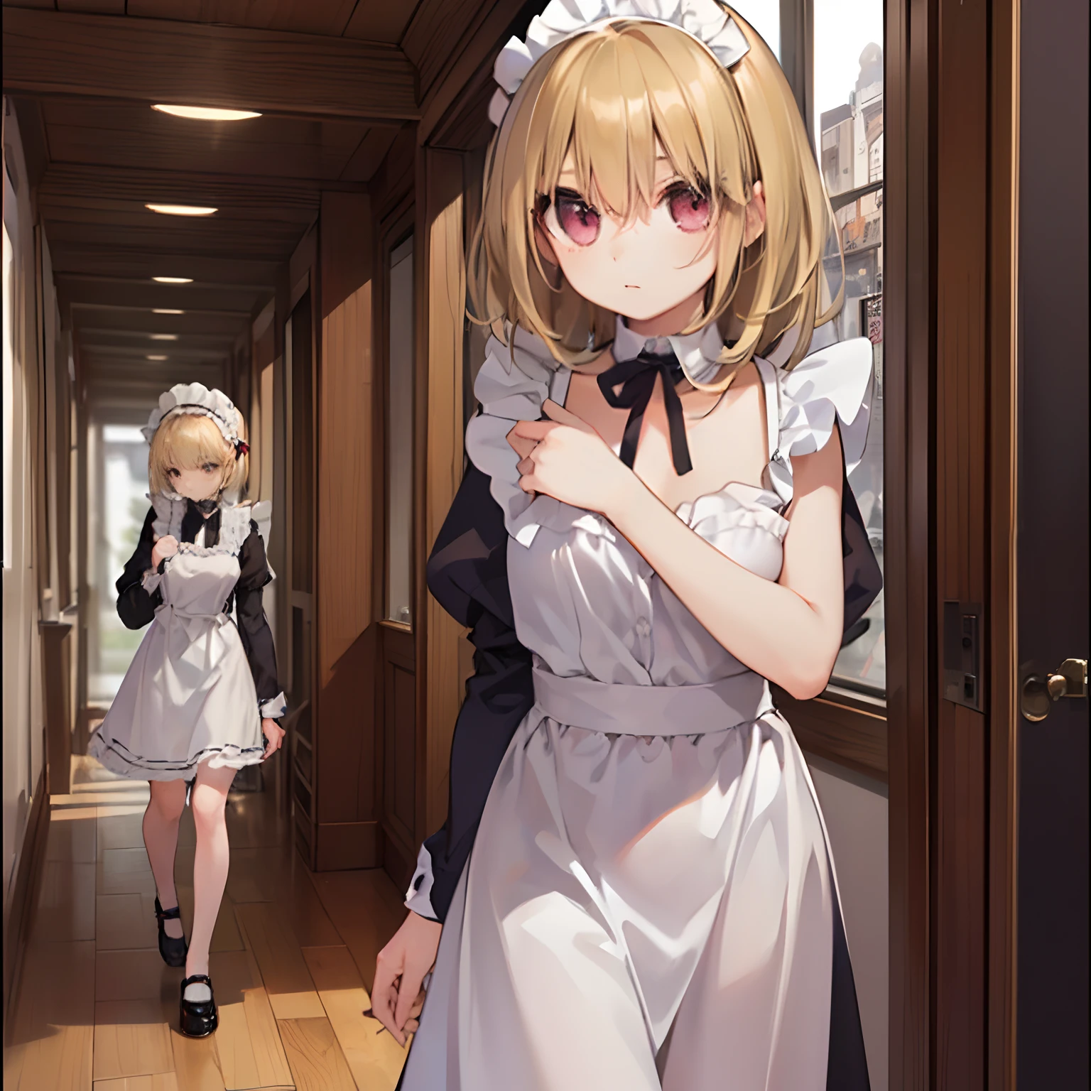 (masterpiece}, {hight resolution}, {Good anatomy}, (top-quality), (extremely delicate and beautiful), (8k cg wallpaper), (illustratio), 1 girl in, a blond、maid clothes、White Brim、Profile of the character、Walking along the corridor、Hold a towel in your hands