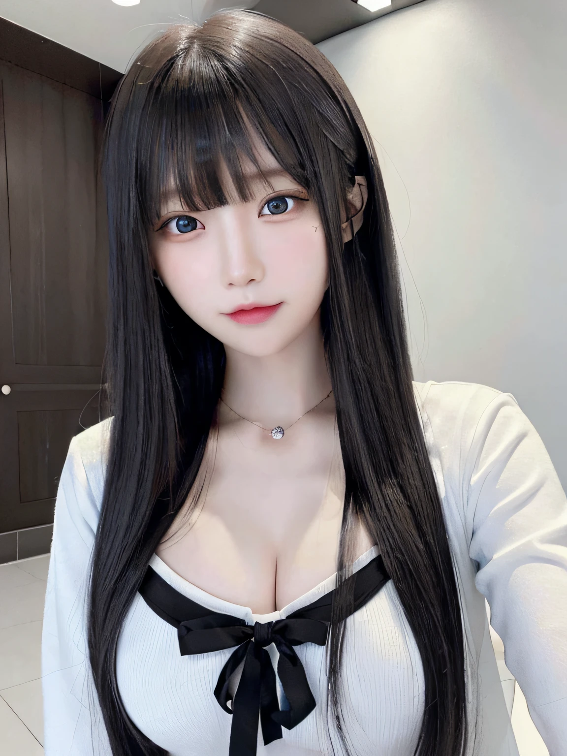 bright expression、photorealisim、top-quality、超A high resolution、a picture、Photos of the most beautiful Nordic girls、Detailed cute and beautiful face、a small face、(pureerosface_v1:0.008)、Beautiful bangs、alice in the wonderland、、Glowing white shiny skin、Hair tangled in the face、Bangs that extend to the face、bangss、Hair between the eyes、length hair、Attractive black hair straight silky hair、finer hair、Attractive glowing beautiful bright clear light blue big eyes、School Uniforms、student clothes、eye liner、Double eyelids、ample breasts