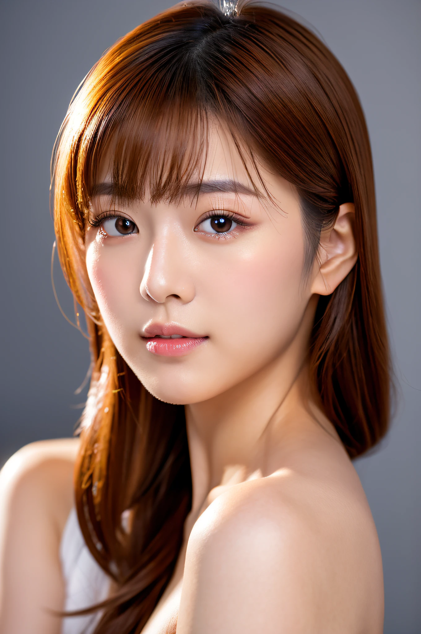 (highest quality, High resolution, masterpiece:1.3), ung japanese woman, Slender figure beauty, (smooth and delicate and pale skin), Small face, Breast enhancement, loose curled long brunette with highlights, No makeup, Precisely expresses details such as face and skin texture, Moist eyes with dilated pupils and large irises, double eyelid, (lace dress), photo from the chest up, A person in the center left and right, The whole head is shown, Professional cinematic lighting