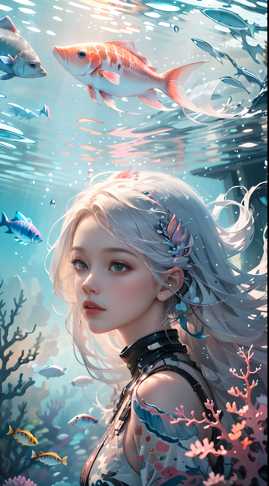 Conceptual art of marine life, Undersea landscape, Marine life,Beautiful coral reefs come in different shapes, 。.。.3D,, Fish, Female animated fantasy illustration. Long white hair scattered in the sea, Drift, Very harmonious. The whole painting adopts a messy and imaginative painting style. The colors are bright and saturated, line sleek. The mystery and beauty of the ocean, The painting depicts an underwater world full of life and vitality, Animated art wallpaper 8 K