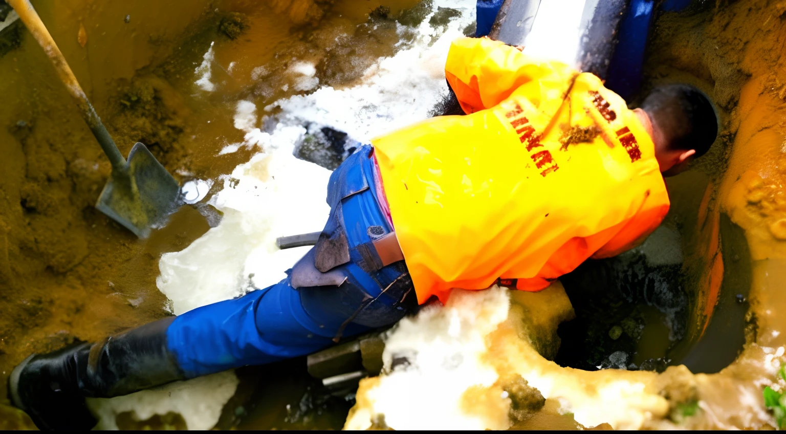 there is a man that is digging a hole in the ground, crawling in a wet sewer pipe, leaking, profile pic, closeup photograph, viral photo, covered in ice, extremely bizarre disturbing, video still, professional work, heartbreaking, promo image, profile photo, sitting down, waist high, perfect detail, blocked drains, leaking oil, dead bodies in mud