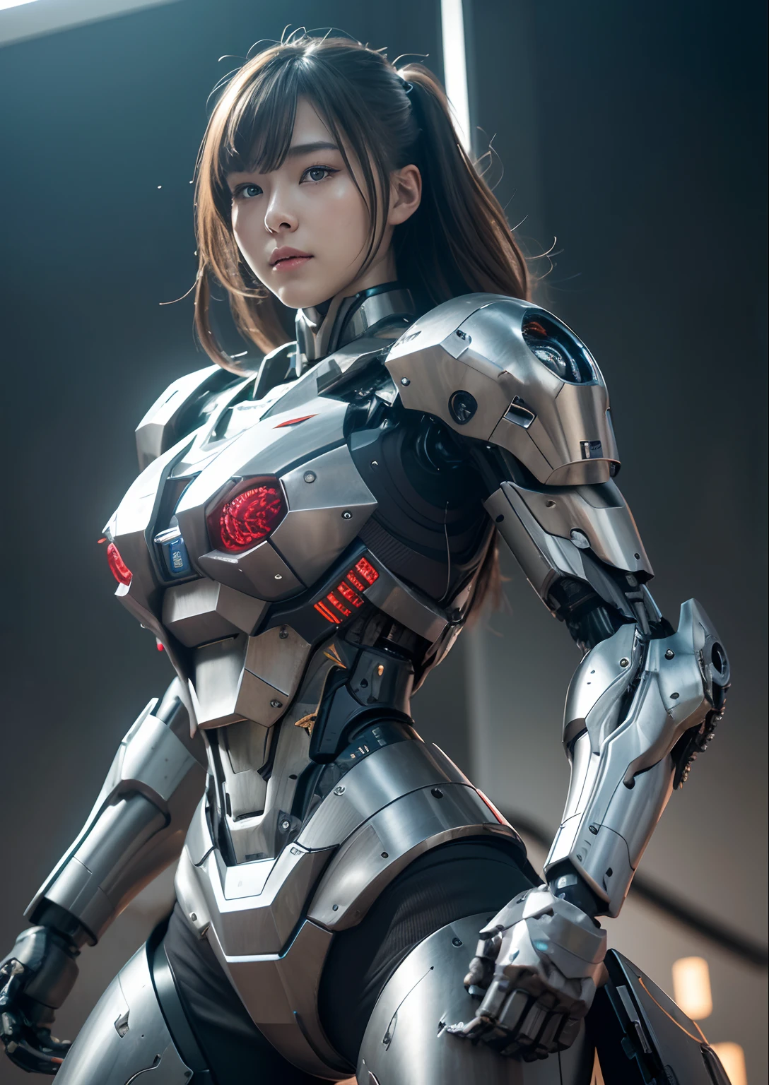 high high quality，8K分辨率，real photograph，A mech girl with long hair，brown  hair，（Large breasts：1.1），ChineseGirl，tight-fitting，nabel，Shitu-mecha behind the girl，Magnificent，Chinese house，War-damaged ruins，Photo by Brandon Wolfermüster，Surreal dreams，dyna，LUT，HDRM professional lighting，photon maping，Radio City，physically-based renderingt，Refined realism，Aray's dynamic and expressive animations，（Sunnyday：1.2），（Afternoon on the street：1.1）。