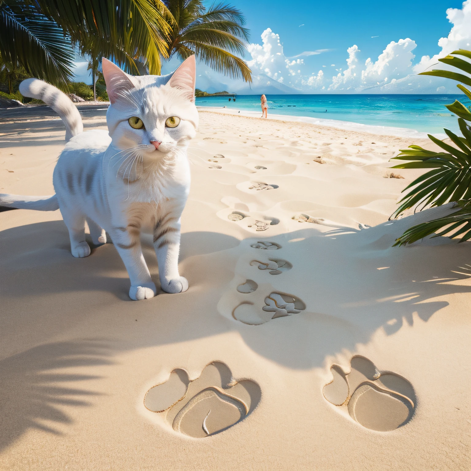 (Cat paw prints), White sandy beach, (Masterpiece), (Best Quality), (Ultra high Detailes)
