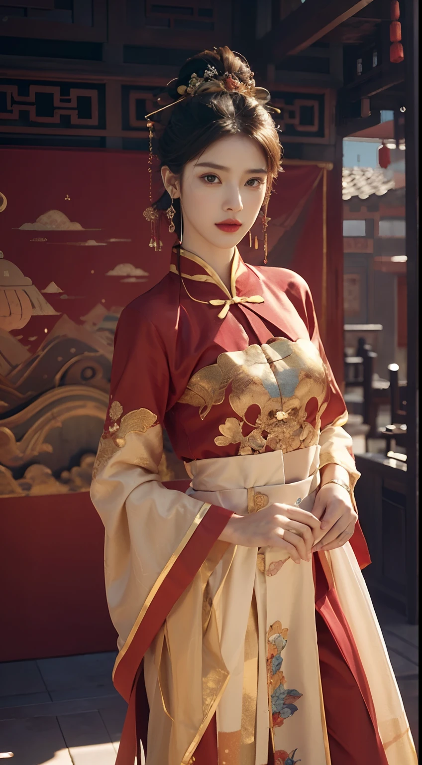 (abstract artistic:1.4), tmasterpiece, best qualtiy, 超高分辨率, big breasts beautiful, Visually stunning, (1girll:1.2), crimson themed, dark red color, Bleeding red, Halo, looking at viewert
,full bodyesbian,high-heels,woman,nvshen,dunhuang,Hanfu,Red and gold dress,(tmasterpiece,top Quority,best qualtiy,offcial art,Beauty and aesthetics:1.2),Charming mature woman,The is very detailed,(s fractal art:1.1),(a color:1.1)(blossoms:1.3),Most detailed,( zentangle:1.2), (Dynamic pose), (abstract backgrounds:1.3), (Chinese Traditional Cloth:1.2), (Shiny skin), (many color:1.4), ,(Earrings:1.4),((fashion icon|Fashionistas|1 Fashionista(individually)|trendsetter|Mannequin)),Ancient Chinese clothing, full bodyesbian, rays of sunshine, Clear face,((best qualtiy)), ((tmasterpiece)), (the detail:1.4), hdr(HighDynamicRange),Ray traching,NVIDIA RTX,Hyper-Resolution,Unreal 5,Subsurface scattering、PBR Texture、post-proces、Anisotropy Filtering、((Best quality)), ((Masterpiece)), (Highly detailed:1.3),Masterpiece, Best quality, Translucent skin, (tmasterpiece,best qualtiy,realisticlying:1.37),(Complex and sophisticated,Highly detailed skin and face),(Complex and sophisticated,high detailed hand), Clear face, tmasterpiece, super detailing, Epic composition, hyper HD, high qulity, extremely detaile, offcial art, Uniform 8K wallpaper, super detailing,High resolution CG,depth of fields、maximum definition and sharpness、Many-Layer Textures、Albedo e mapas Speculares、Surface coloring、Accurate simulation of light-material interactions、rendering by octane、Two-colored light、largeaperture、Low ISO、White balance、the rule of thirds、8K raw data,Little ass,,long leges,Little ass,Indifferent eyes,Realistic art,Dominatrix,femdom,high ponytails,high and cold,A look of contempt,180cm tall