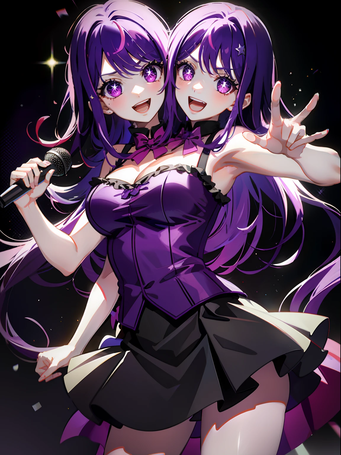 (masterpiece, best quality), best resolution, (2heads:1.5), 1girl, wide purple hair hair, purple star eyes, bangs, open mouth, singing, holding a microphone, purple jacket, black pants, karaoke lounge