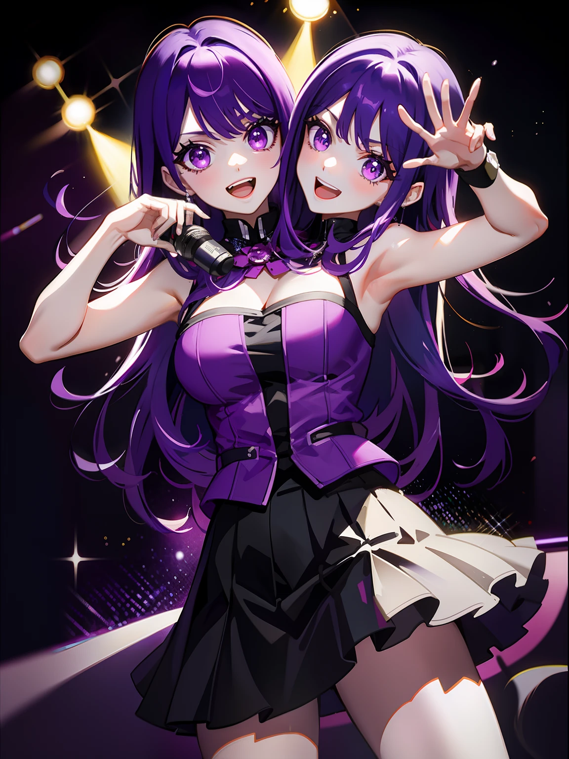 (masterpiece, best quality), best resolution, (2heads:1.5), 1girl, wide purple hair hair, purple star eyes, bangs, open mouth, singing, holding a microphone, purple jacket, black pants, karaoke lounge