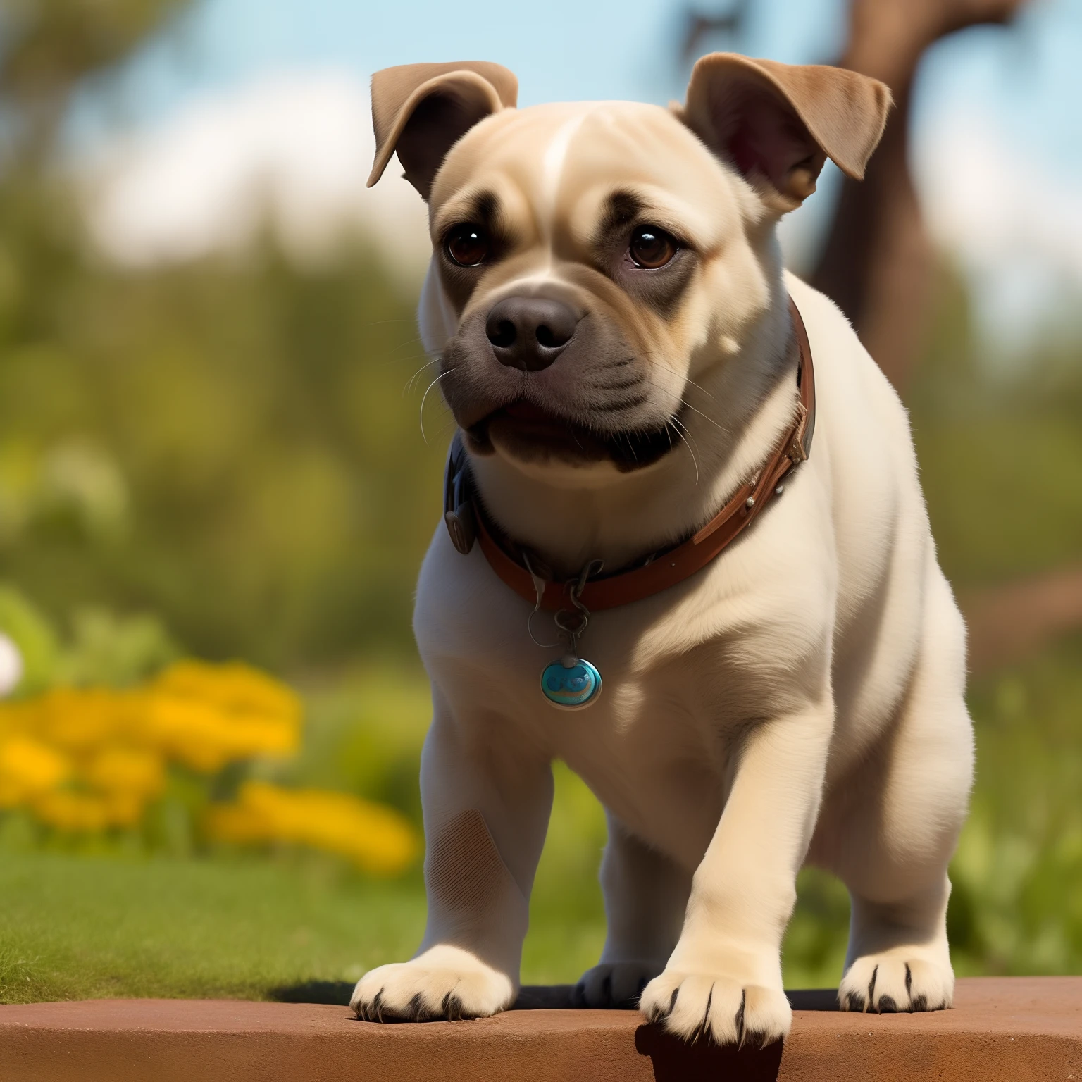 Personagem da disney pixar, cachorro branco com manchas e pintas amarelas,Large, strong bearing with halo on the head