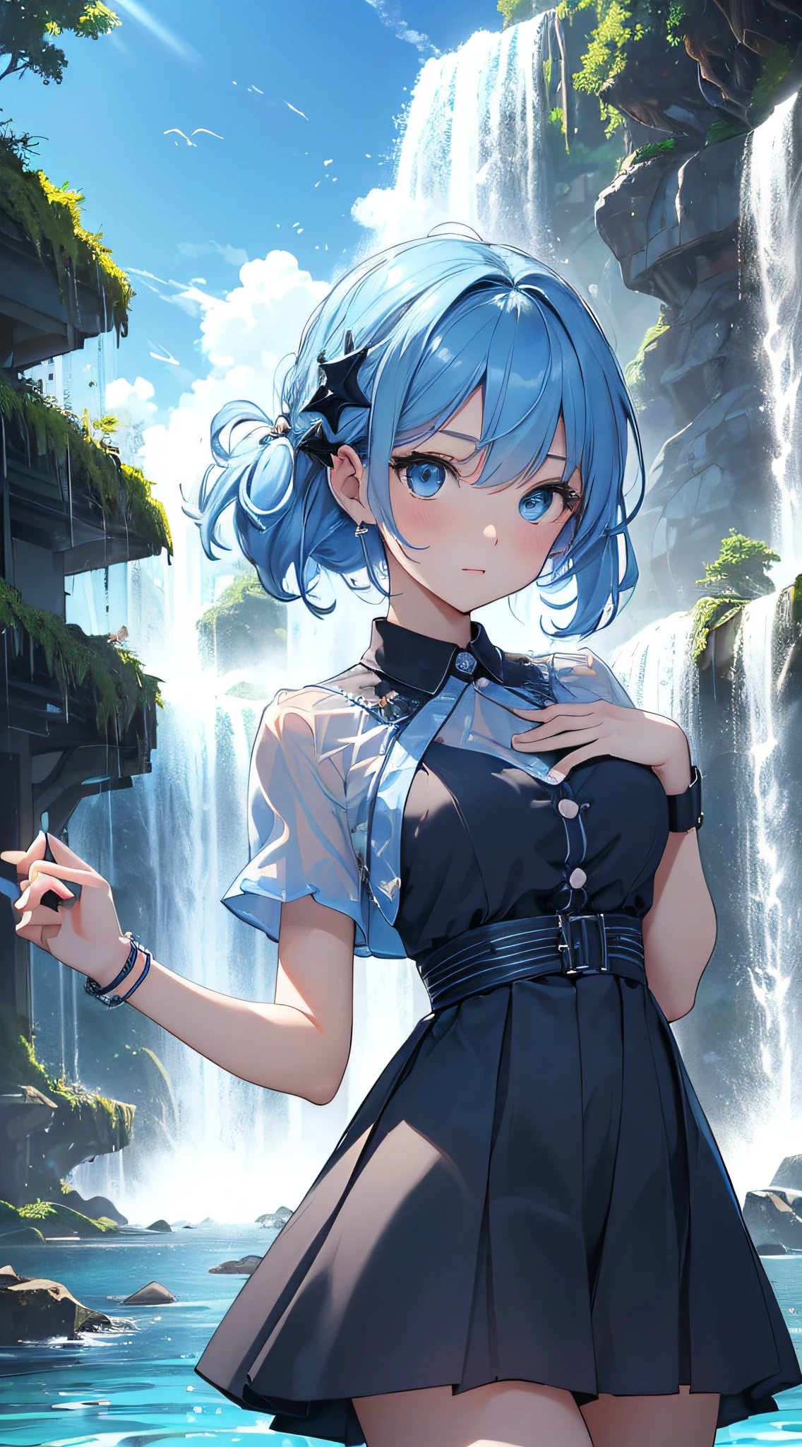 top-quality、Top image quality、masterpiece、girl with((18year old、Best Bust、Bust 85,Beautiful blue eyes、Breasts wide open,Short, Light blue hair with a sense of sheer、A slender、Large valleys、Light blue and black Y-shirt,Short skirt in dark blue、Reflecting the whole body、Black wristband on wrist、Star-shaped hair ornament、Red face、Slippery texture、Aura of water))hiquality、Beautiful Art、Background with((Clear blue sky、Tornado of welling water、Water Waterfall、Water tornado)))masutepiece、visualart、depth of fields、