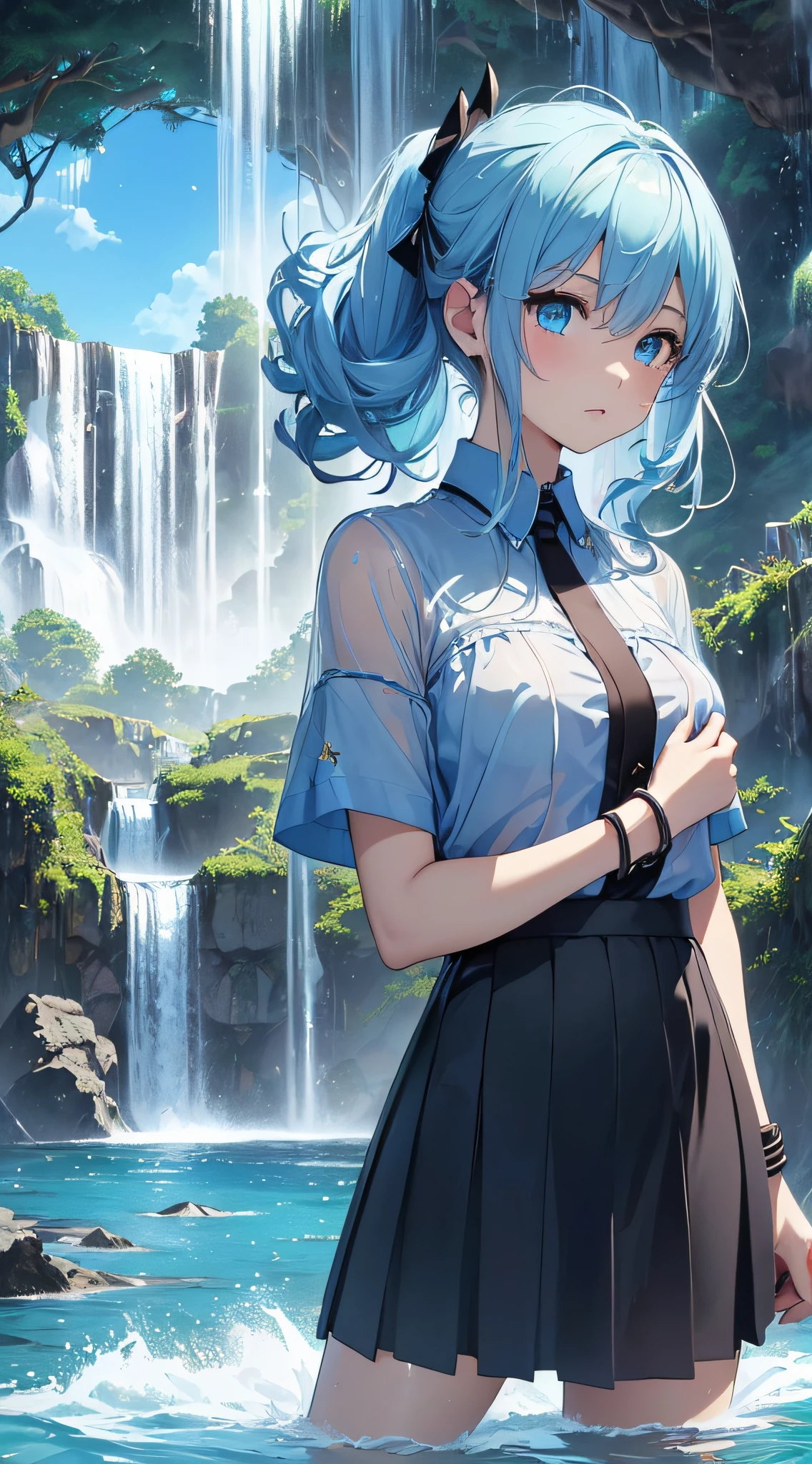 top-quality、Top image quality、masterpiece、girl with((18year old、Best Bust、Bust 85,Beautiful blue eyes、Breasts wide open,Short, sheer light blue hair、A slender、Large valleys、Light blue and black Y-shirt,Dark blue short skirt、Reflecting the whole body、Black wristband on wrist、Star-shaped hair ornament))hiquality、Beautiful Art、Background with((Clear blue sky、Water is not urban、Water Waterfall、Water tornado、Tsunami)))masutepiece、visualart、depth of fields、