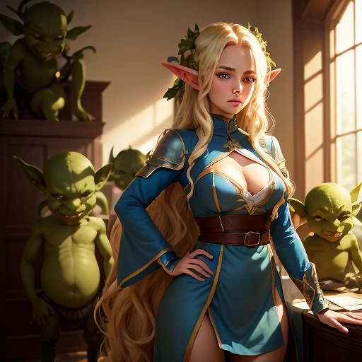 A  girl, 25 years old with blue eyes, blonde woman, long wavy hair, Beautiful Character Face. thigh boots.  Indignant. standing in the office (surrounded by little green goblins:1.3). full-length photo. side-view. higly detailed. Top Quality.  elvish.