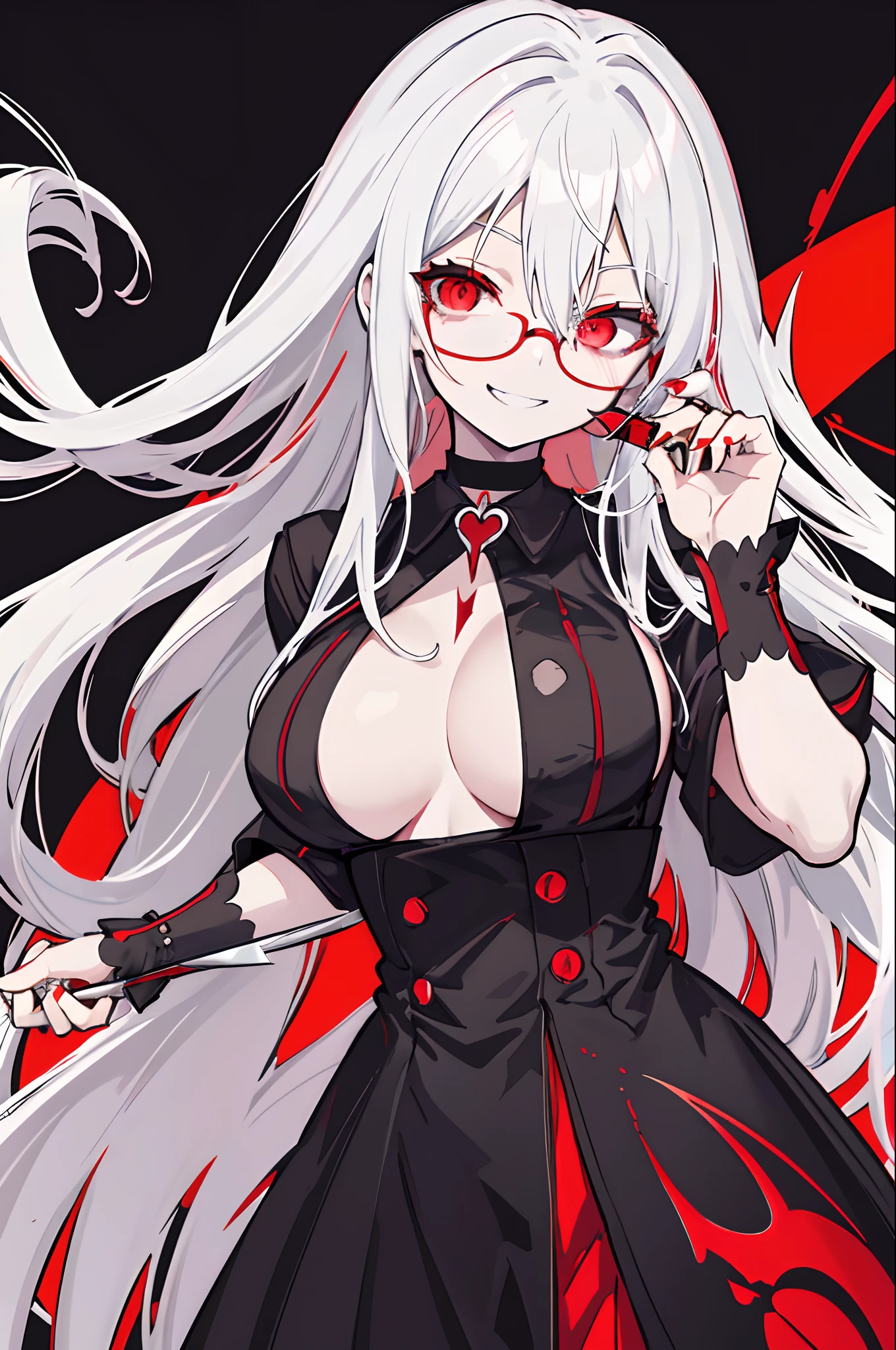 anime girl, white hair, red eyes, long hair, large breasts, black dress, side boob, bloody face, choker, holding a knife, knife close to face, smiling, smirk, squinting eyes, glasses, red glasses, yandere, glowing eyes, shadow, dark room background, no lights,