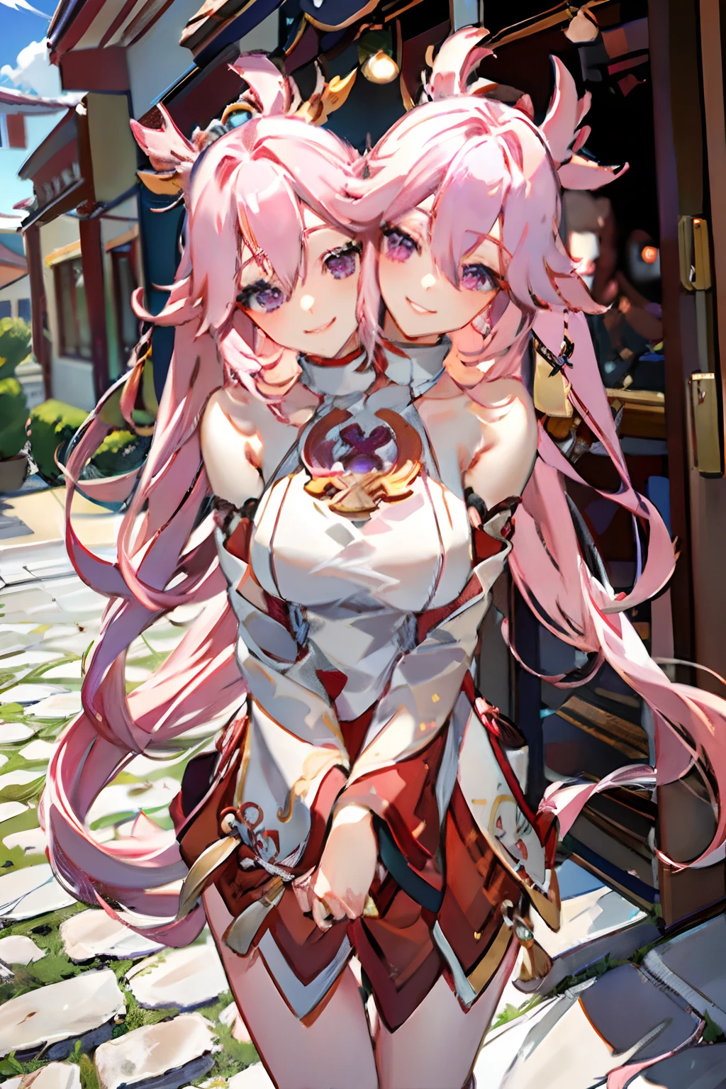 2heads, best quality, masterpiece, 1girl, yae miko character, long pink hair, identical hair color, same eye color, necks side by side, necks evenky spaced on shoulders, smiling, outdoors ((two heads, 2head):1.5)