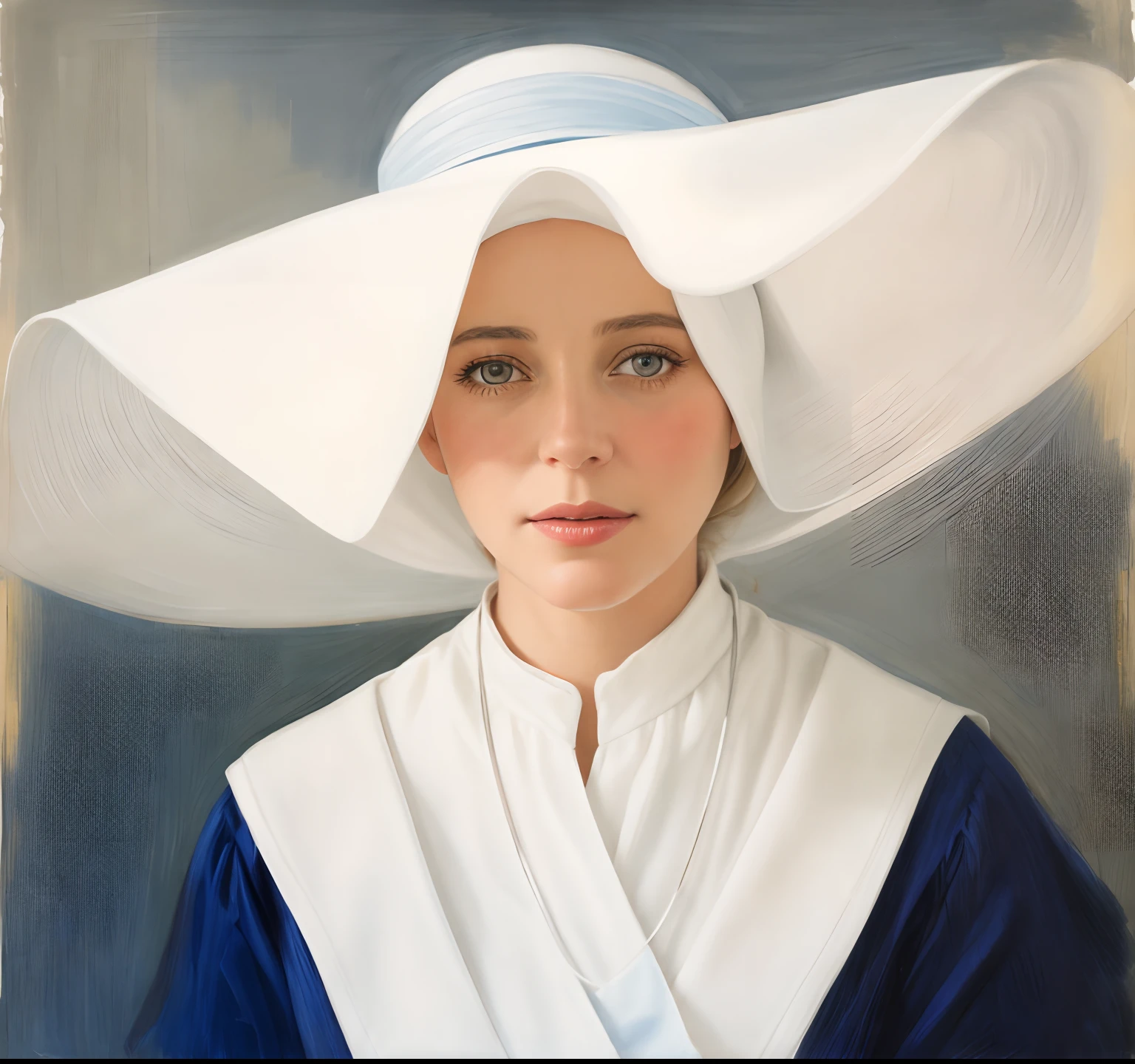 Painting of a woman in a white hat and blue dress, mother sarah artist, fechar retrato, pintura de uma mulher, retrato close - up, inspirado em Elizabeth Forbes, retrato close up, Retrato de uma enfermeira em um banquinho, Retrato N - 9, inspirado em Rita Angus, Closeup retrato, Directed by: Caroline Gotch, Close portrait, inspirado em Margaret Leiteritz