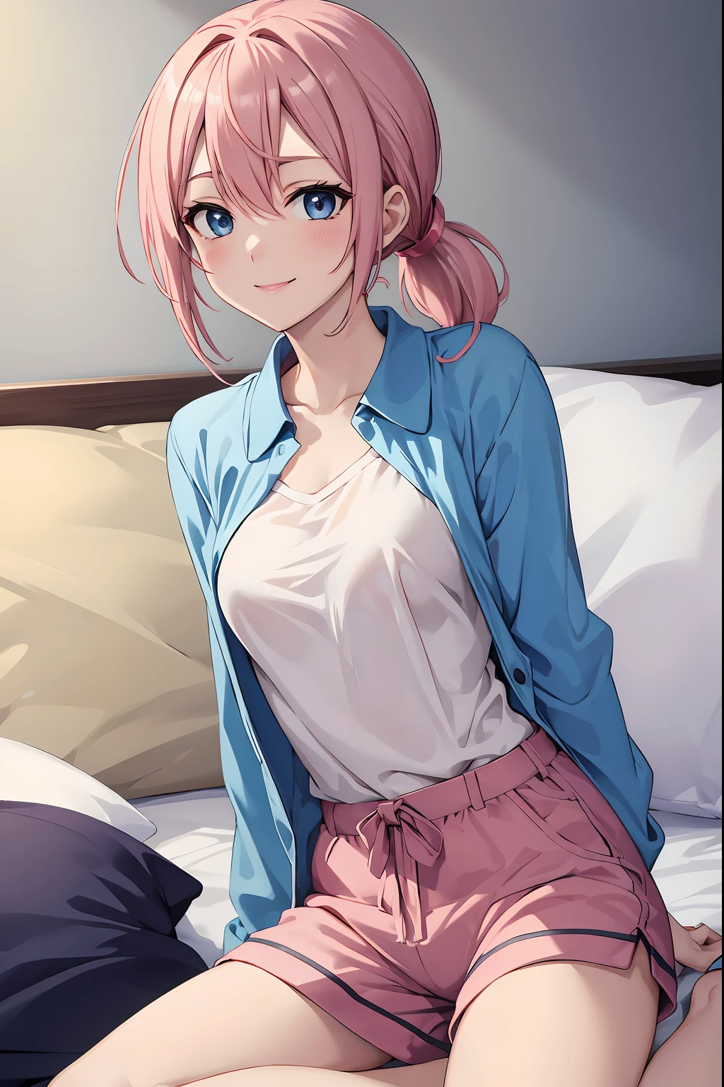 masterpiece:1.2, best quality, ((ultra detailed)), high resolution, 2d, anime style , photo, photography, detailed background, ((pink hair,medium hair,low ponytail,medium breasts))
BREAK
solo,(tareme:1.3),(droopy eyes:1.3), (sexy woman, tall face, tall female)), ((slender blue eyes;1.2)),
BREAK
sitting,wariza,pajama,shorts, smile,bedroom,
BREAK
pastel colors:1.4, solid paint:1.2, saturated color, contour