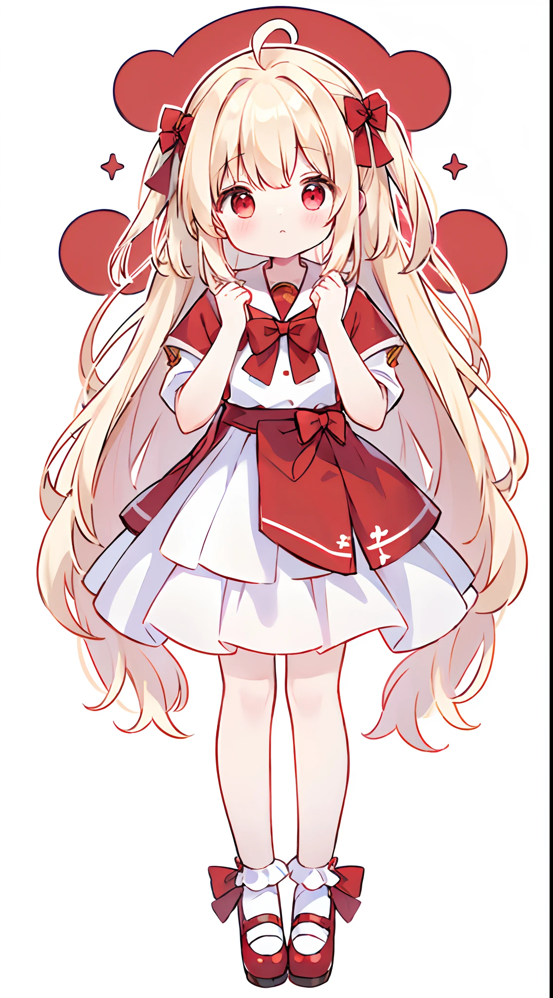 ((Masterpiece，8K，Top image quality，hiquality，Best Quality))Golden hair，Red eyes，shrine maiden，cute little，Lori，girl1，full bodyesbian，shoe，Half Twin，Standing Picture，Background white，Hands down，(Pure white background)，((Highlights in the eyes，))，without background，Background white，1人