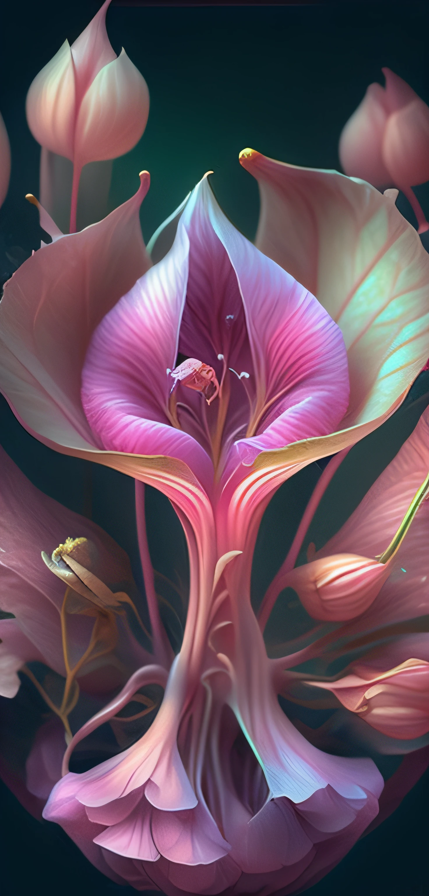 Draw a flower，There are many petals，A bird in the background, exotic alien flora, alien flowers, alien flora, Art Nouveau alien phytophyt, alien plant from alpha centauri, lolth, inside the flower, alien flowers, Angel's trumpet, ultradetailed digital painting, hyperrealistic art nouveau, Strange flora, beeple. hyper photorealism