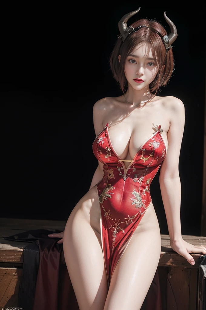 (Front focus),(in the darkness nigth:1.6),Surrealist portraits of women by David Hockney and Alphonse Mucha,((ultra gigantic tits))、((Upper body naked))、( exposed)、((废墟))、((Engaging pose))、Fantasyart,((Short red hair))、((demonic horns))、((Transparent devil's costume))、((Sexy devil costume、photographrealistic,动态照明,art stations,poster for,Volumetriclighting,extra detailed face,4 k'',((Colossal tits))、Translucent delicate embroidered sexy devil costume,Contains diamonds,Sexy thighs,semi transparent,Adorned with intricately embroidered demonic costumes and fine jewelry,Exposing the abdomen ,Chest 1 girl, In the dark, deepshadow, low tune, Cowboy shot,(official outfit:1.4), The eyes are confused and seductive,legs separated