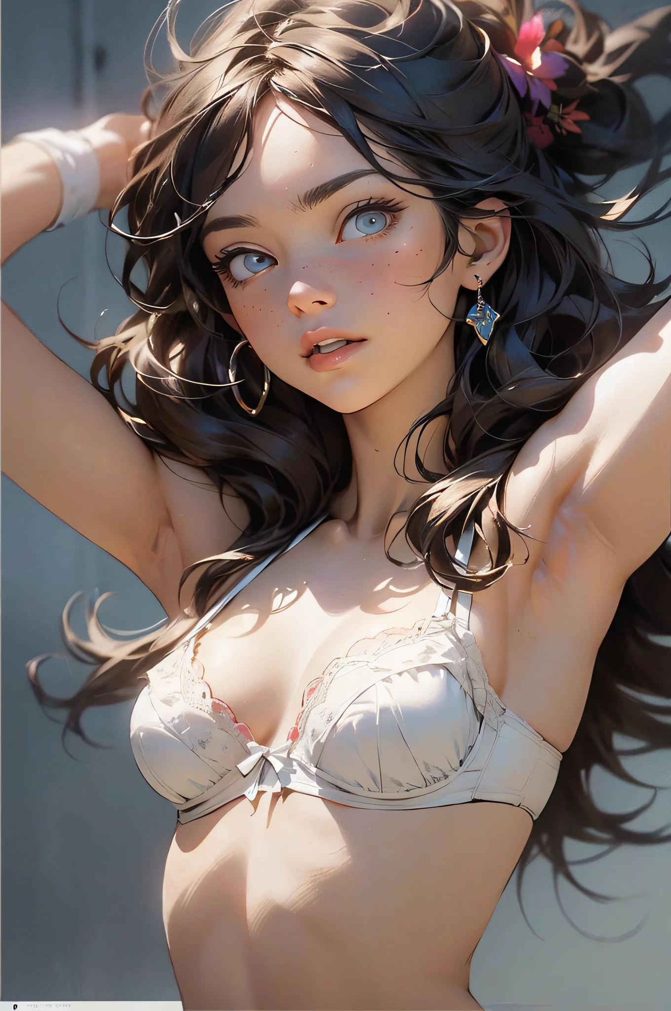 Melancholic lighting, Take it easy, Take it easy, cheerfulness, masterpiece, Better Quality, 1girl in, (JinxLol: 1.2), (Ultra Photorealista: 1.3), (masterpiece: 1.4), Better Quality, ((realist)), hightquality, ultra-detailliert, ((real image)), ((real looking skin)), ((lifelike face)),(Illustration: 1.05), (Beautiful fece: 1.05), (beatiful detailed eyes: 1.05), (ciinematic light: 1.1), Attack of Red Turin, full bodyesbian, Small white panties and white bra