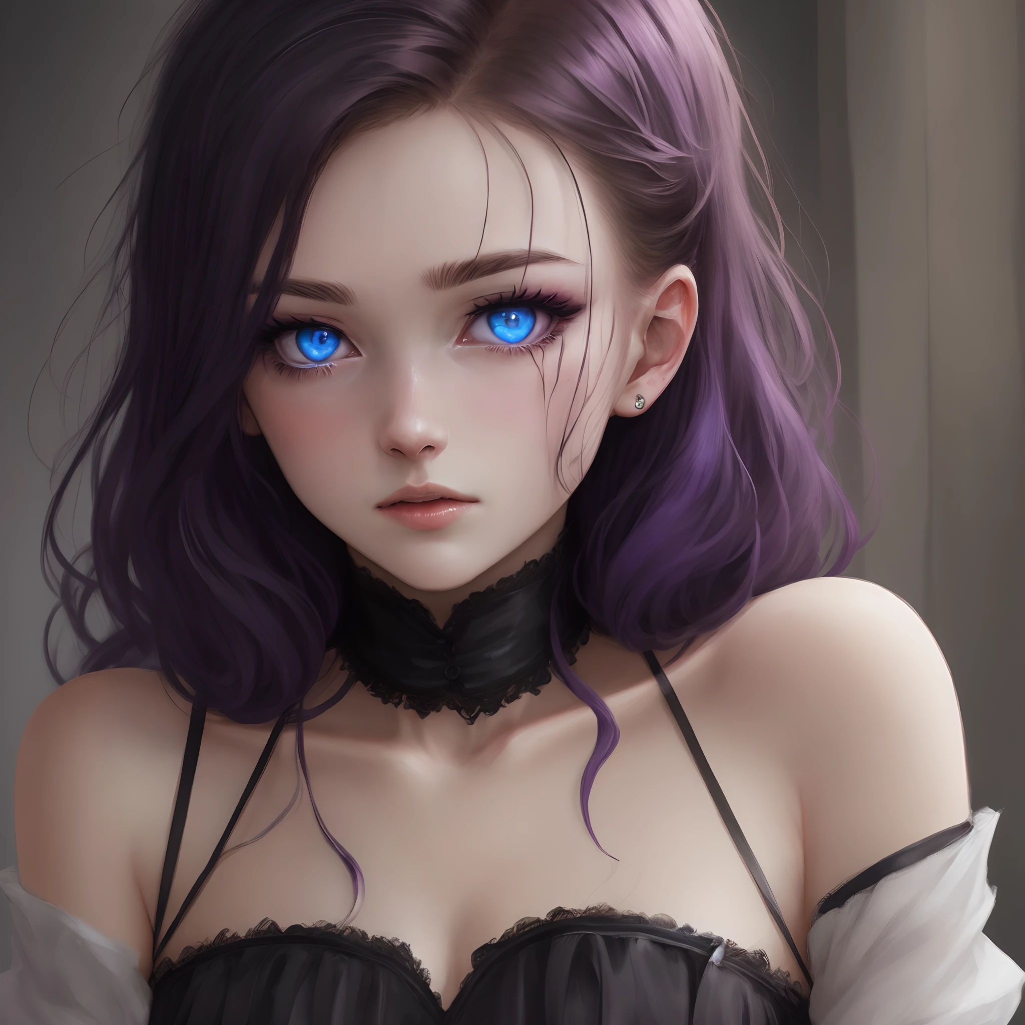 Oc role play, cheveux noir, yeux violet , femme, 21 ans, cicatrices au visages, charismatique, regard froid
