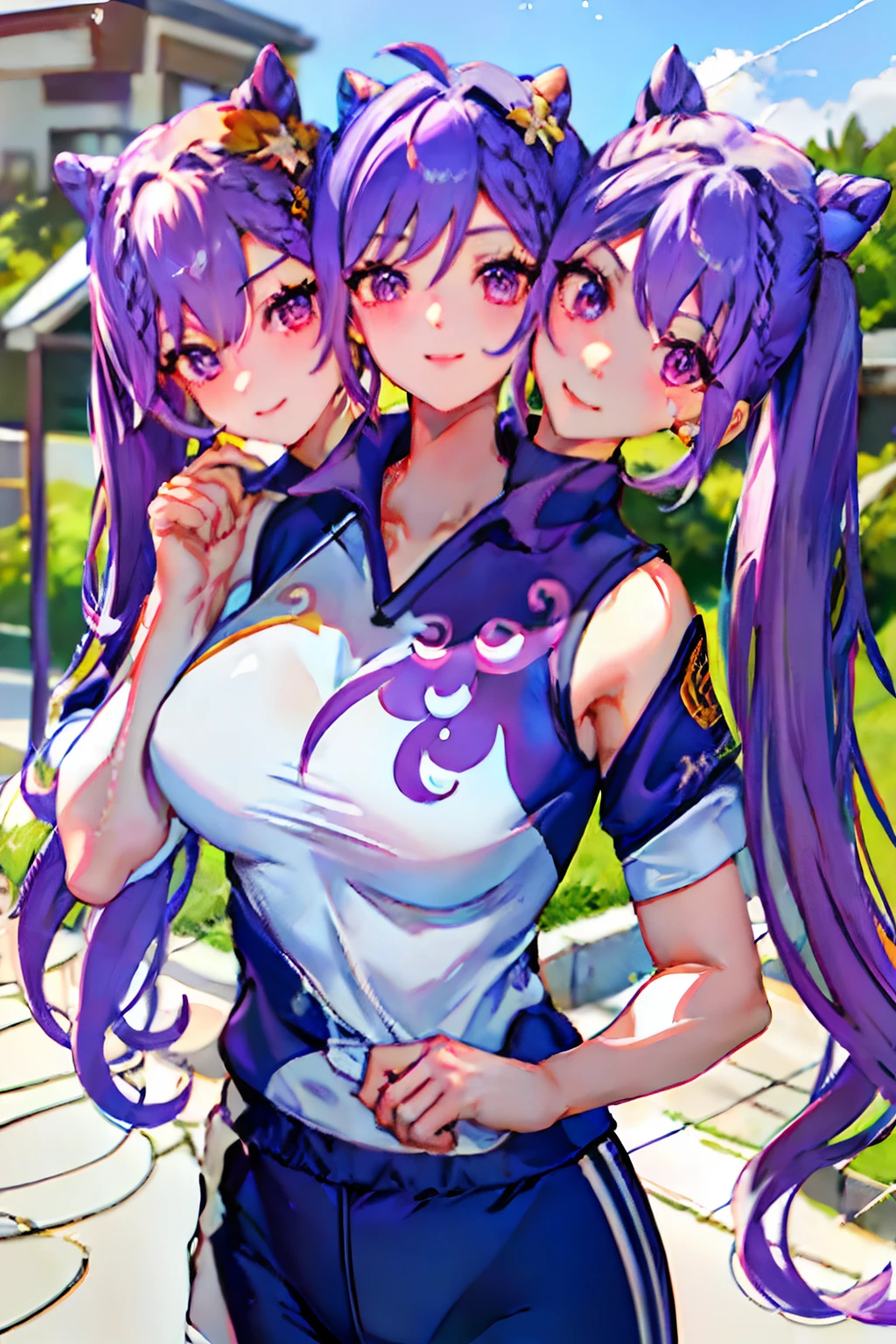 3heads, best quality, masterpiece, keqing character
3 girls, purple hair, identical hair color, same eye color, necks side by side, necks evenky spaced on shoulders, smiling, running, gym uniform, sweatpants, outdoors
((three heads, 3head):1.5)