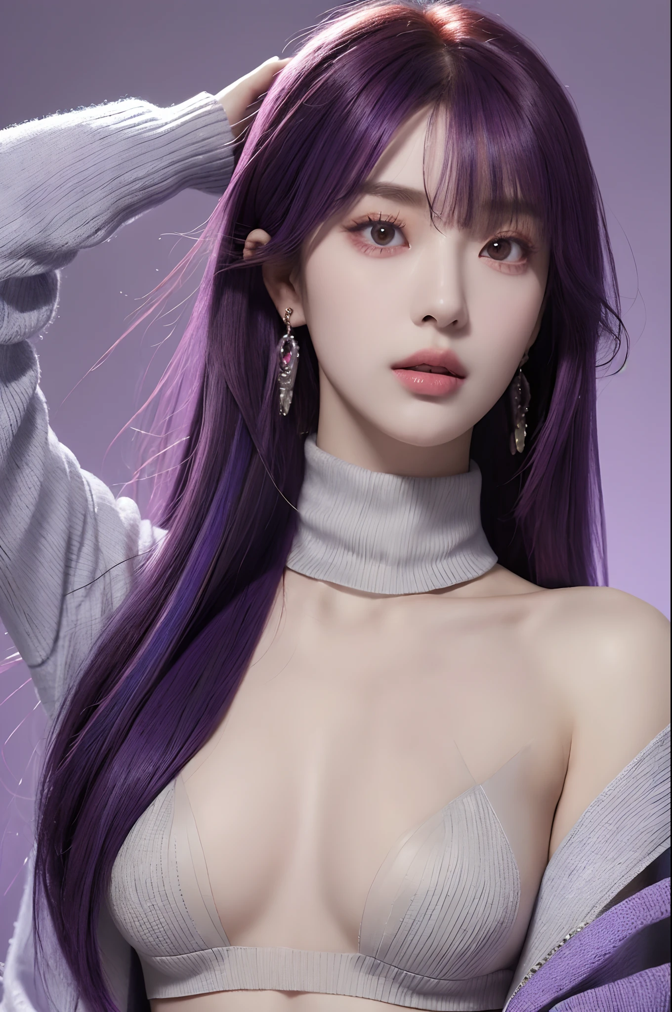 (masterpiece, bestquality, 1girls, bara, intricate detailed, Chromatic aberration), (Realistic),(Skin), ((breath)),(Long Lilac Hair,blunt bangs),detailed hair, Red Head Ornament, Blue Highlights, hair over one eye,purple eyes, earrings, Sharp eyes, choker,((Open Jacket)), Jean,((Plant turtleneck sweater)),open waist,((Symmetrical eyes)),((Perfect symmetrical body)),(pureerosface_v1:0.3), nighttime,(((natural light))),backlighting,with gray walls, dim lighting ,look at viewer,((Center shot, from the front,(Face and waist))),