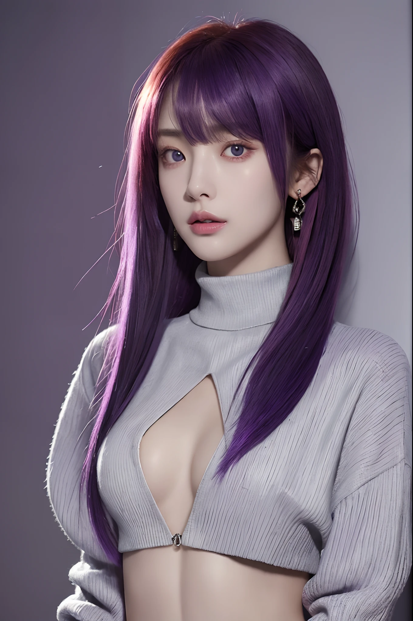 (masterpiece, bestquality, 1girls, bara, intricate detailed, Chromatic aberration), (Realistic),(Skin), ((breath)),(Long Lilac Hair,blunt bangs),detailed hair, Red Head Ornament, Blue Highlights, hair over one eye,purple eyes, earrings, Sharp eyes, choker,((Open Jacket)), Jean,((Plant turtleneck sweater)),open waist,((Symmetrical eyes)),((Perfect symmetrical body)),(pureerosface_v1:0.3), nighttime,(((natural light))),backlighting,with gray walls, dim lighting ,look at viewer,((Center shot, from the front,(Face and waist))),