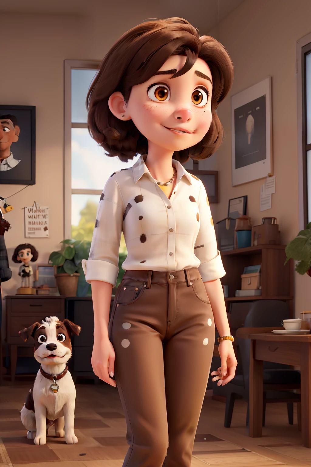 Young white woman, medium dark brown hair, brown eyes, wearing jeans and black blouse and a tall man, medium dark brown hair, brown eyes with jeans and checkered dress blouse, and a large white dog with black spots with little hair and another large strong white dog with yellow spots and spots with a halo on the head