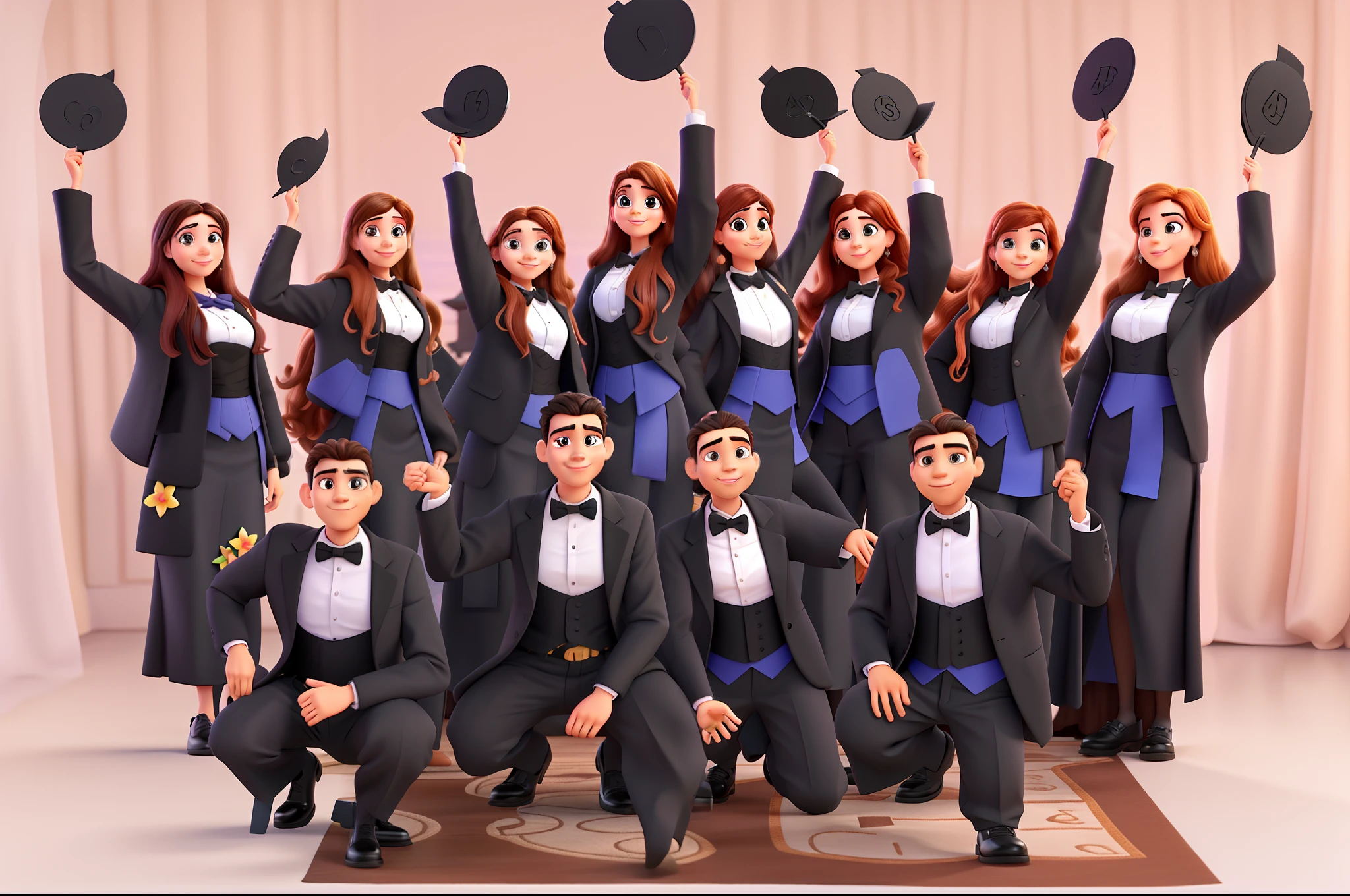 Imagem estilo Disney pixar de uma formatura com quatro homens e cinco mulheres. Todos de beca preta, Holding black mortarboard in hand. Alta qualidade, melhor qualidade.