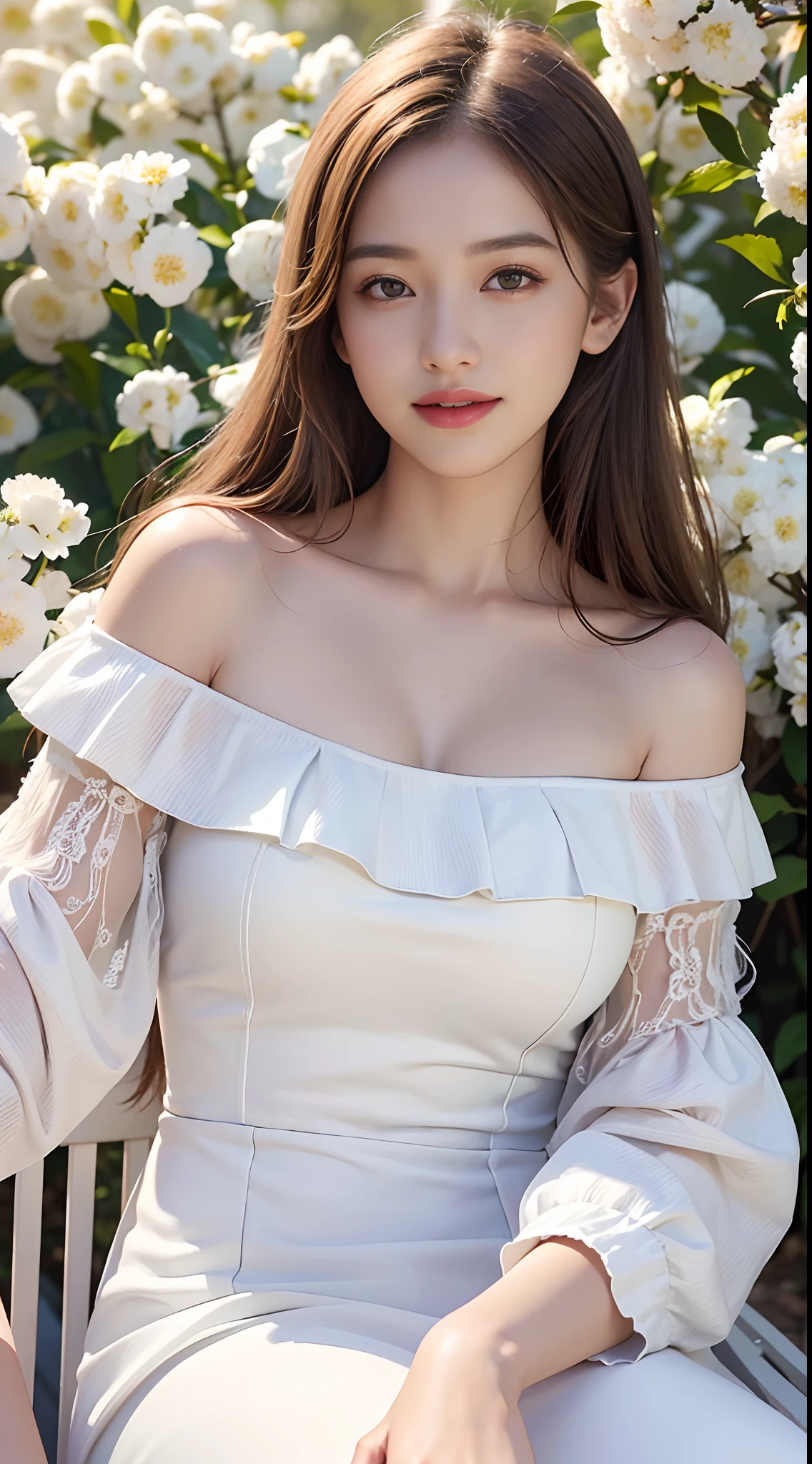 Best quality, masterpiece, ultra high res, (photorealistic:1.4), raw photo, 1girl, white ?????????? shoulder, blossom flower field, glowing skin, light smile