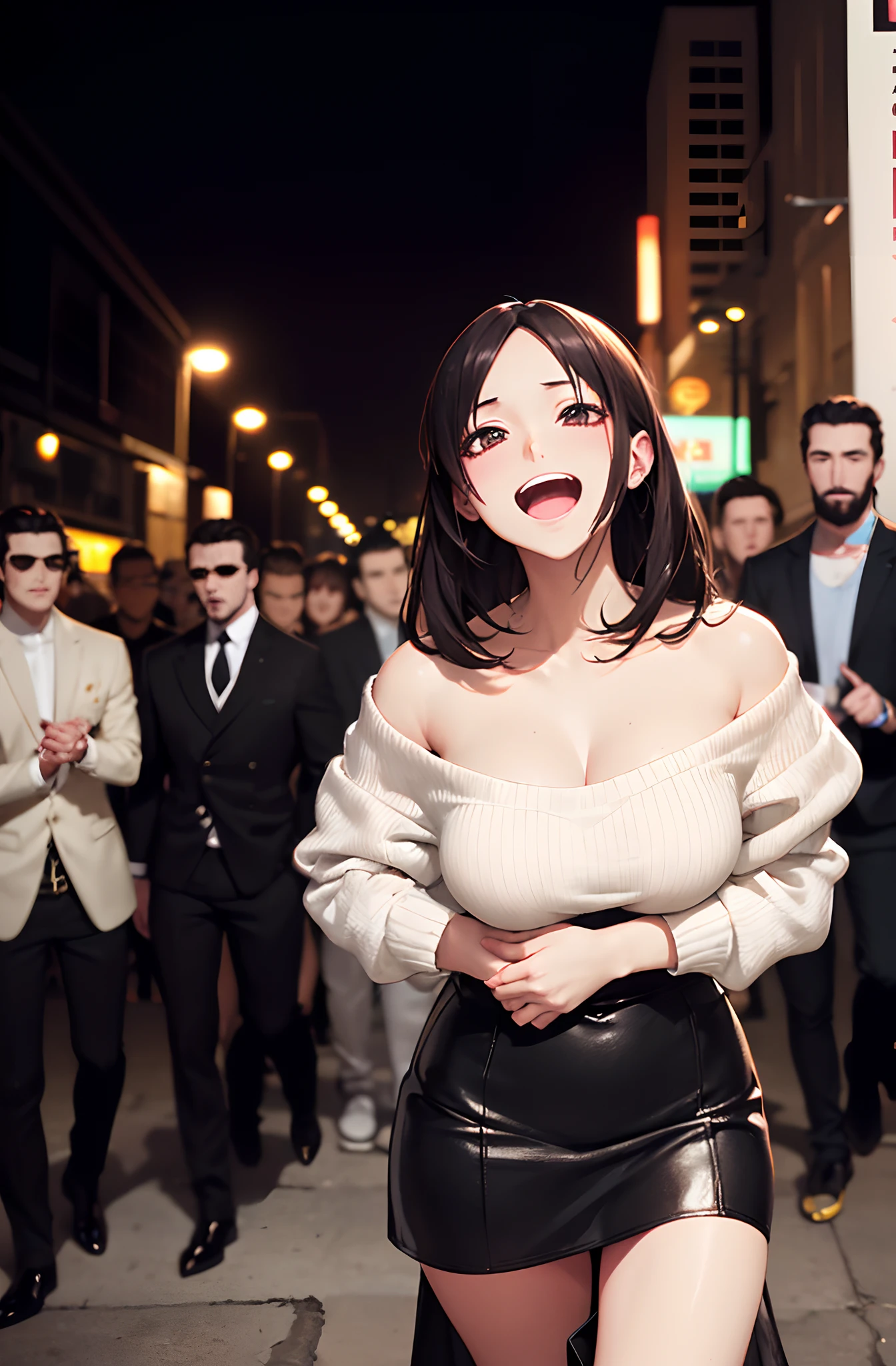 (masutepiece:1.5)、(top-quality:1.5)、(16k wallpaper:1.2)、(Photorealsitic:1.2)、(ultra-detailliert:1.2)、(超A high resolution:1.2)、(2 cool guys and 1 woman:1.8)、(Man hugs woman:1.4)、super-detaild skin、Detailed and clean eyes、Neon Street、(Walking:1.3)、(spreading legs:1.3)、Natural Color Lip、(White off-shoulder knit:1.2)、Black leather miniskirt and knee-length boots、Semi-long bob hair、large full breasts、Opens mouth and laughs、Crowd of men、Seen from below、(pantyshot:1.4)