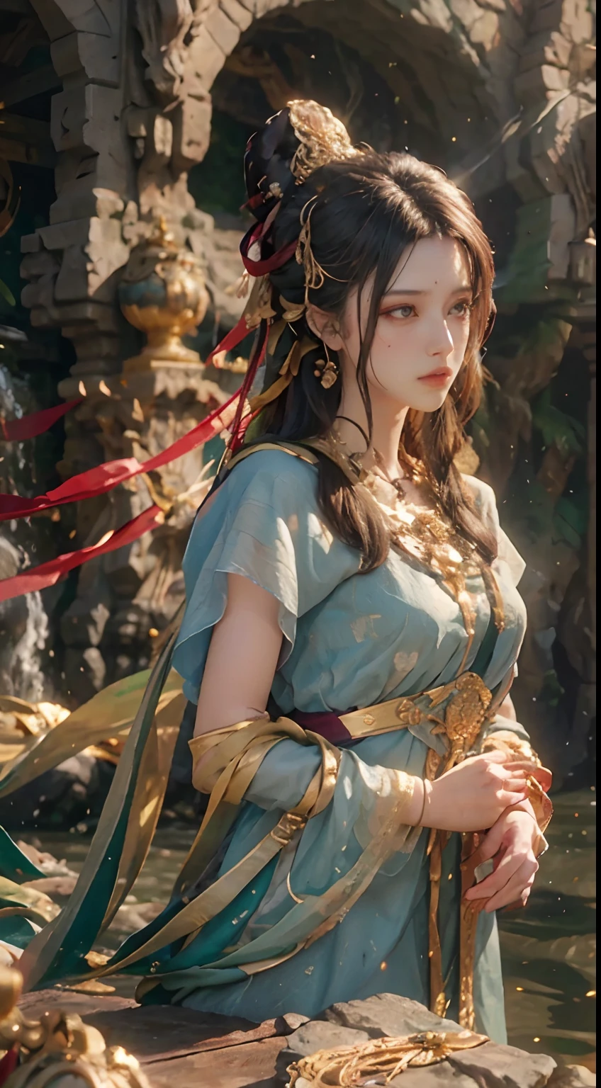 An intricately detailed digital painting featuring a young woman with long, braided blue hair, adorned with golden accessories and delicate butterflies. She wears a semi-transparent, flowing gown with gold and jewel embellishments, including a choker. The scene is set in a serene garden filled with vibrant purple flowers, bathed in soft moonlight. The background features a clear, starry night sky, enhancing the fantasy and ethereal atmosphere. The woman is seated gracefully, with an expression of serene contemplation, and the entire scene is rendered with high attention to detail and a focus on creating a magical, otherworldly vibe, big