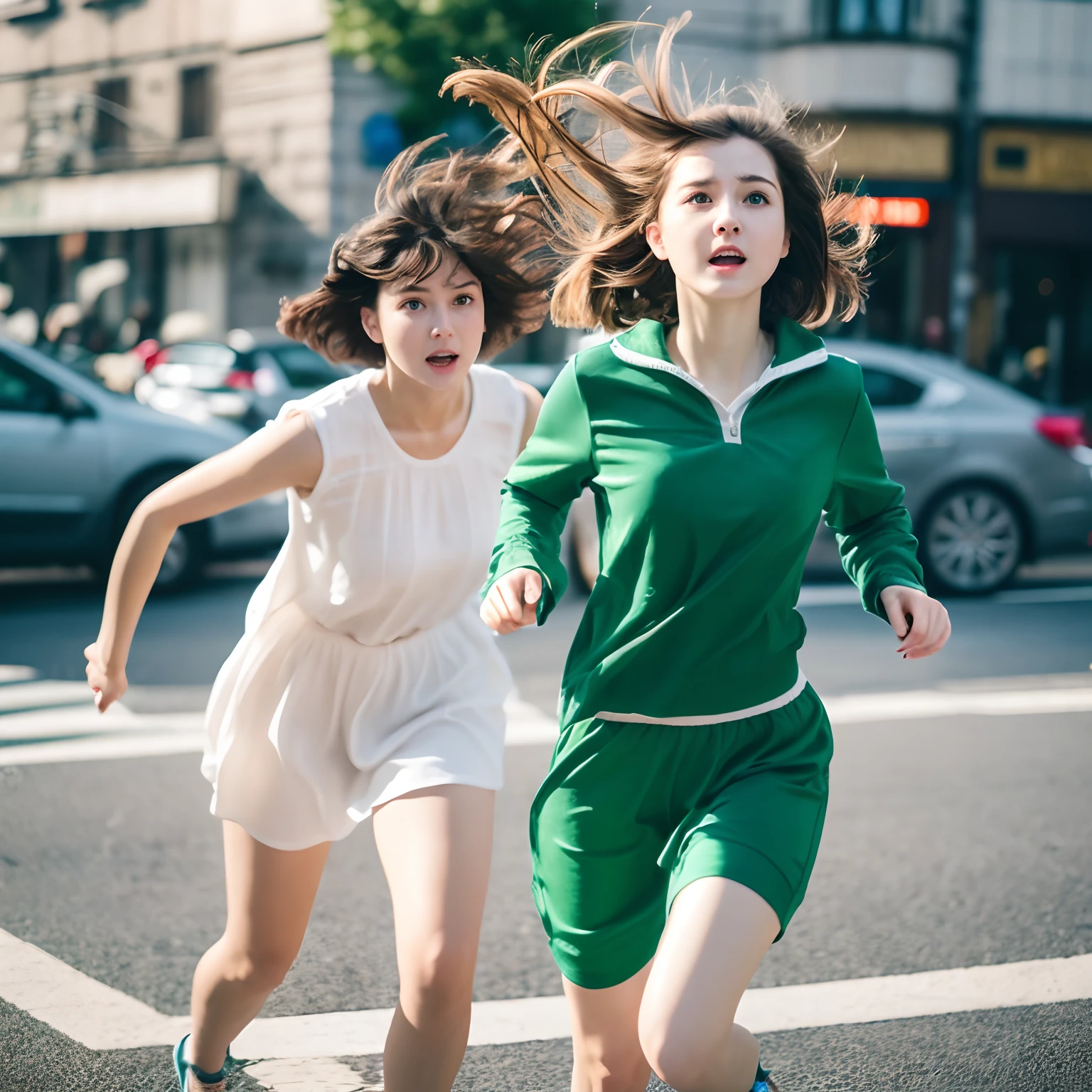 Short wavy hair White hair Slavic woman in her 20s A little troubled face Panicked Panicked Realistic Top quality Running Full body depicted