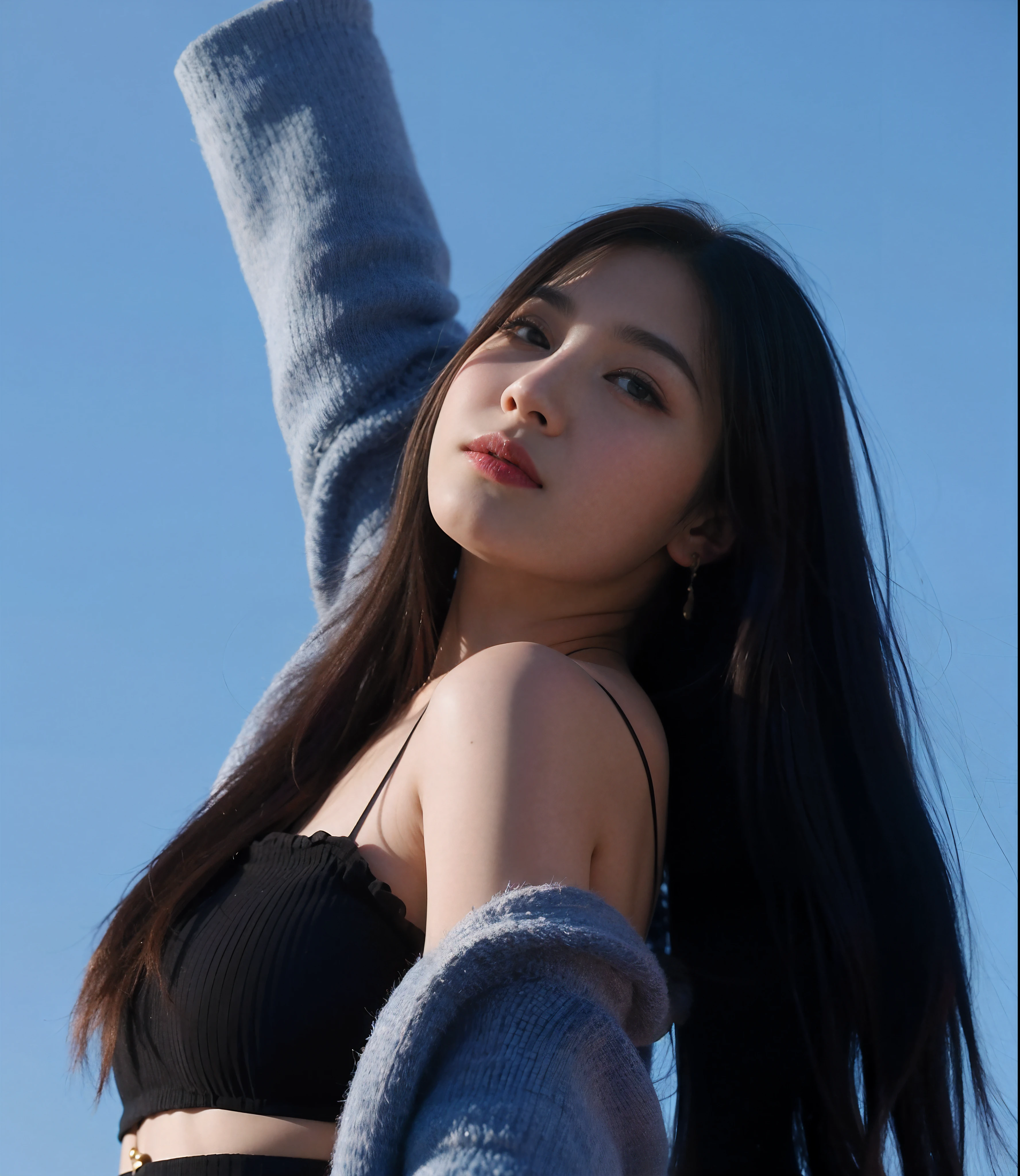 The long-haired woman leaned against the railing，With his eyes closed, bae suzy, On a sunny day, krystal, portrait jisoo blackpink, hot with shining sun, girl wears a red dress, shot at golden hour, Wearing a red cheongsam, Portrait shooting, photoshoot, Album art, ulzzangs, jisoo of blackpink, red velvet, jisoo from blackpink，Open，largeeyes，