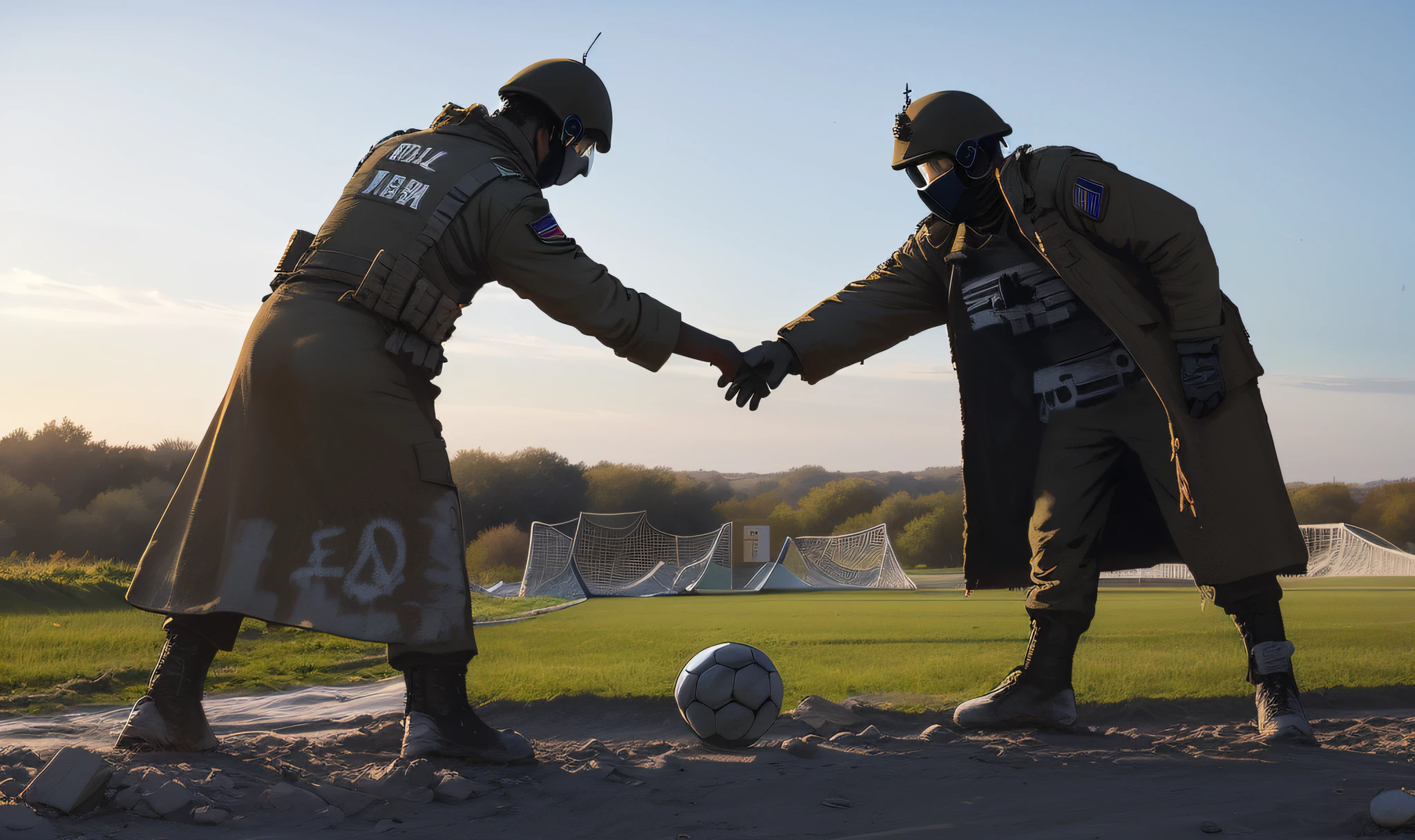 ((b4nksy artstyle)), 2 soldiers touching hands ((standing over a soccer ball))