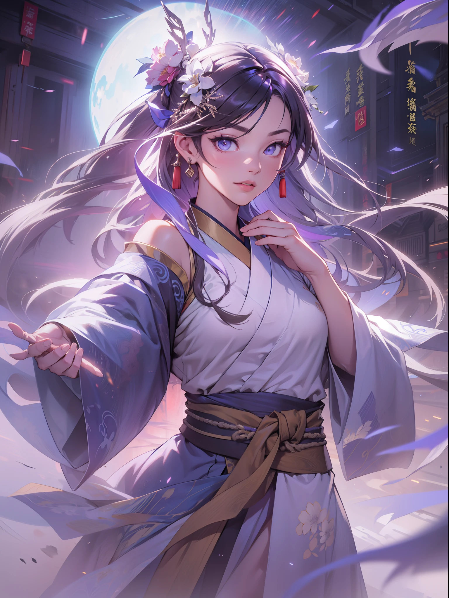 A handsome Chinese girl, sharp eyes, clear facial features, wearing Hanfu, combat posture, martial arts movements, body surrounded by purple mist, runes around, holographic reality, holographic halo, motion blur, game light effects, edge light, soft light, movie edge light, delicate light, masterpiece, super detailed, epic composition, super HD, high quality, highest quality, 32k