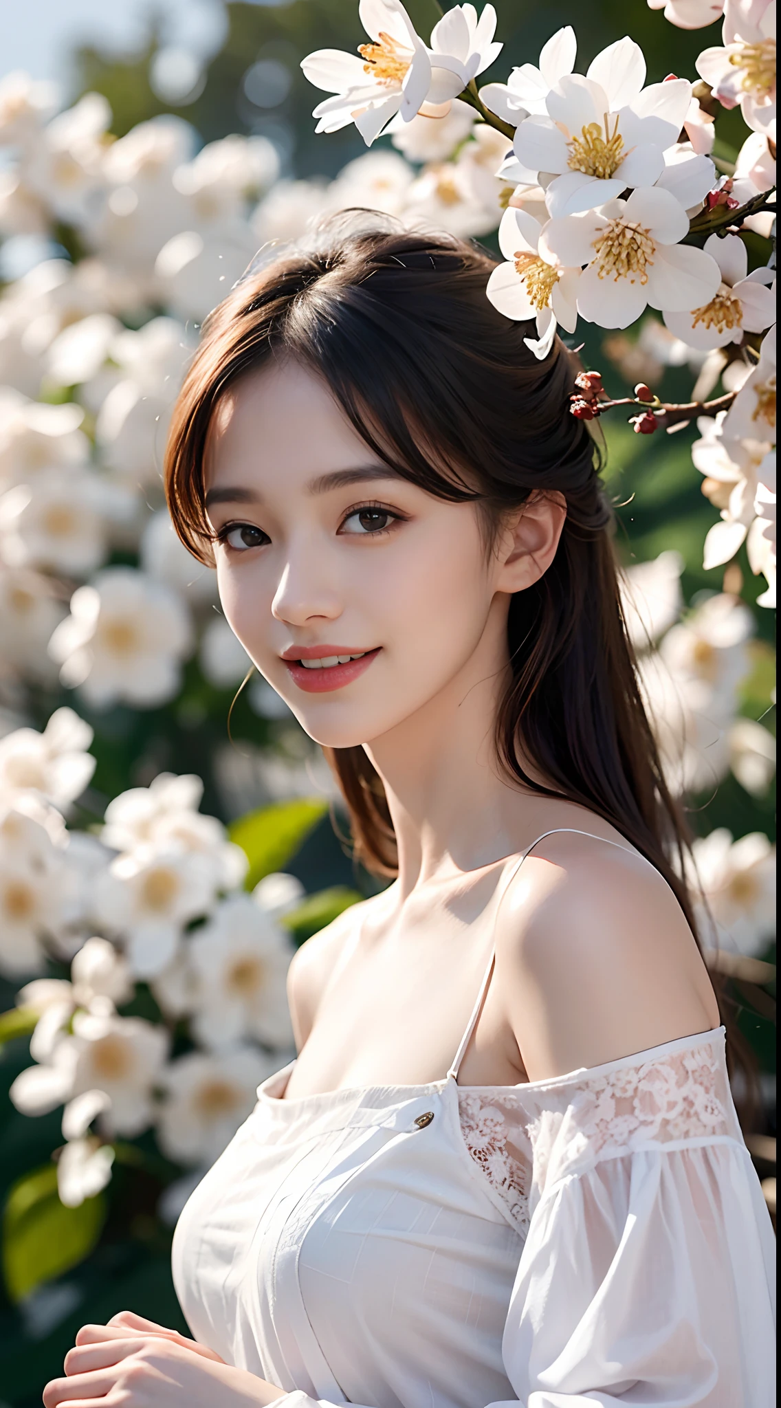 Best quality, masterpiece, ultra high res, (photorealistic:1.4), raw photo, 1girl, white dress, off shoulder, blossom flower field, glowing skin, light smile