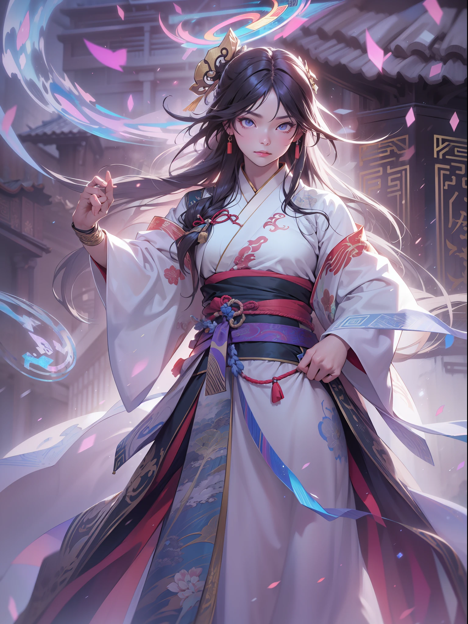 A handsome Chinese girl, sharp eyes, clear facial features, wearing Hanfu, combat posture, martial arts movements, body surrounded by purple mist, runes around, holographic reality, holographic halo, motion blur, game light effects, edge light, soft light, movie edge light, delicate light, masterpiece, super detailed, epic composition, super HD, high quality, highest quality, 32k