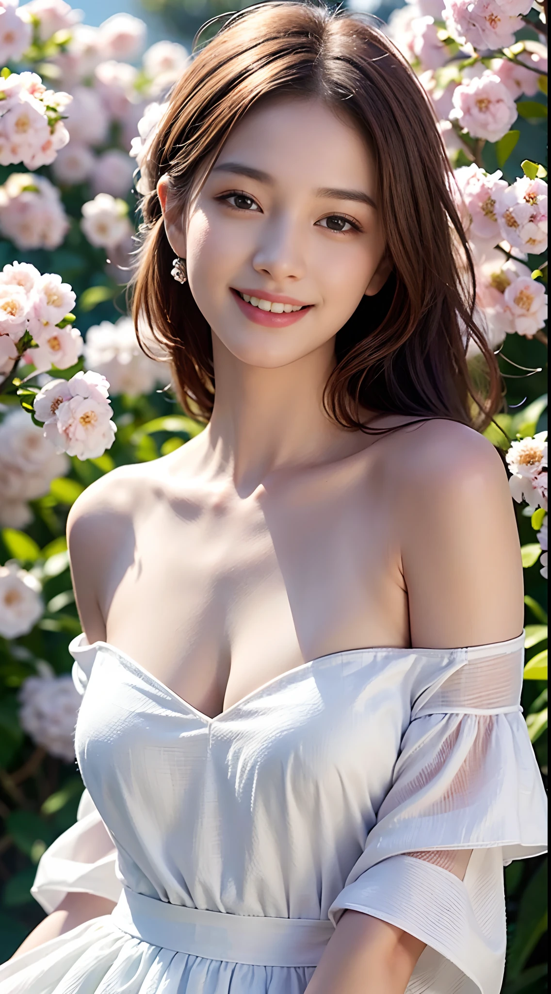 Best quality, masterpiece, ultra high res, (photorealistic:1.4), raw photo, 1girl, white dress, off shoulder, blossom flower field, glowing skin, light smile