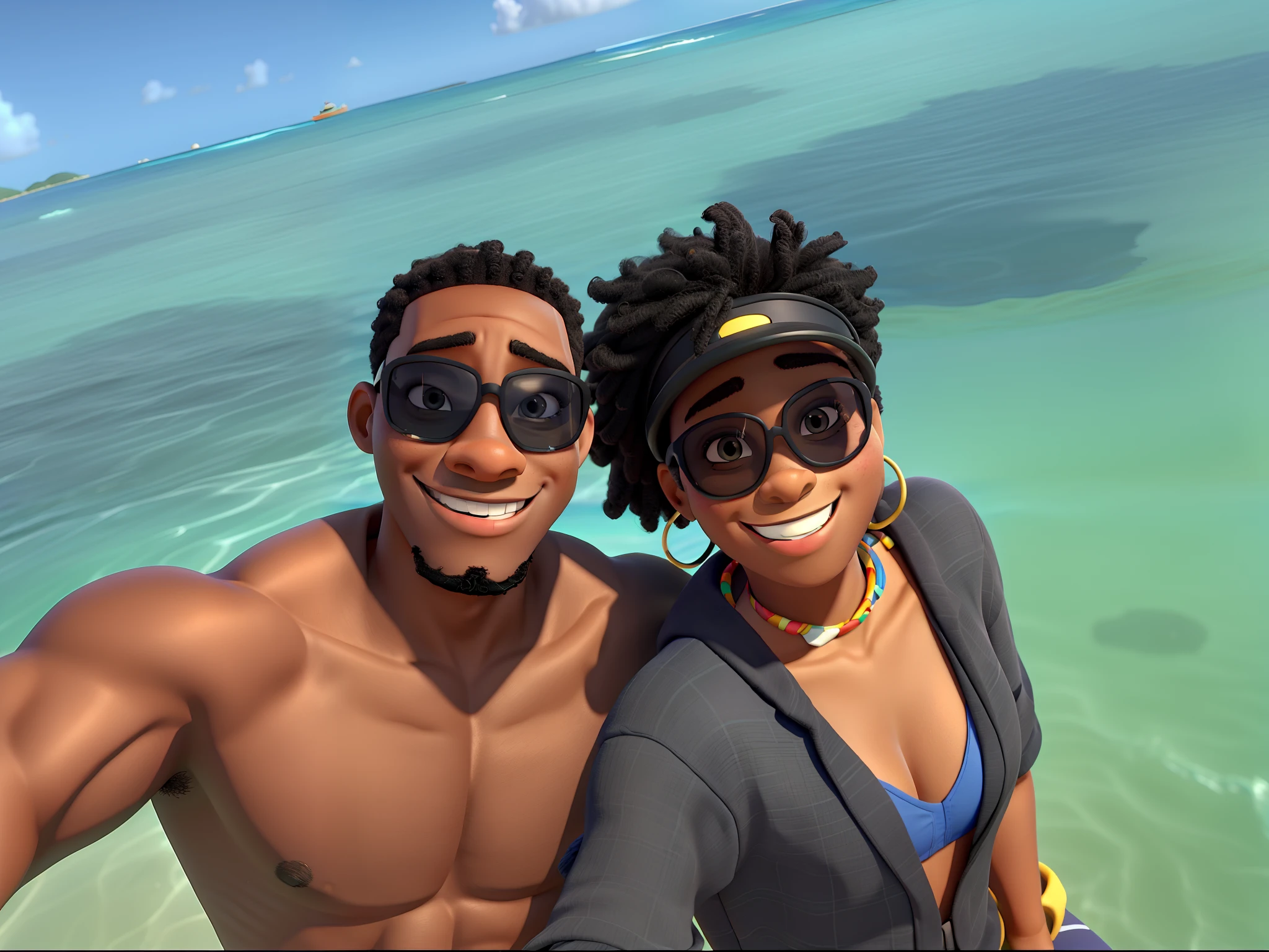 A black man with shirtless sunglasses A black woman with visor and sunglasses in the Caribbean Sea smiling Disney pixar style