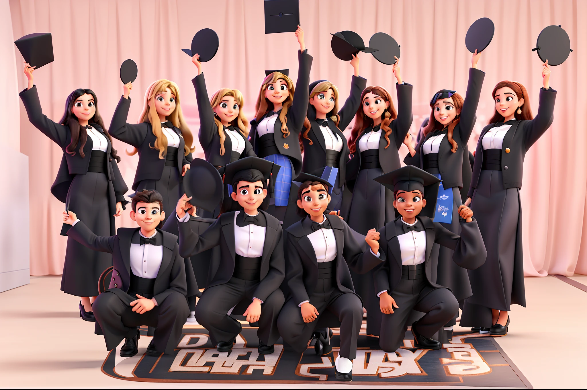 Disney pixar style image of a graduation with four men holding black mortarboard in hand and eight women holding mortarboard . Todos de beca preta. Alta qualidade, melhor qualidade.