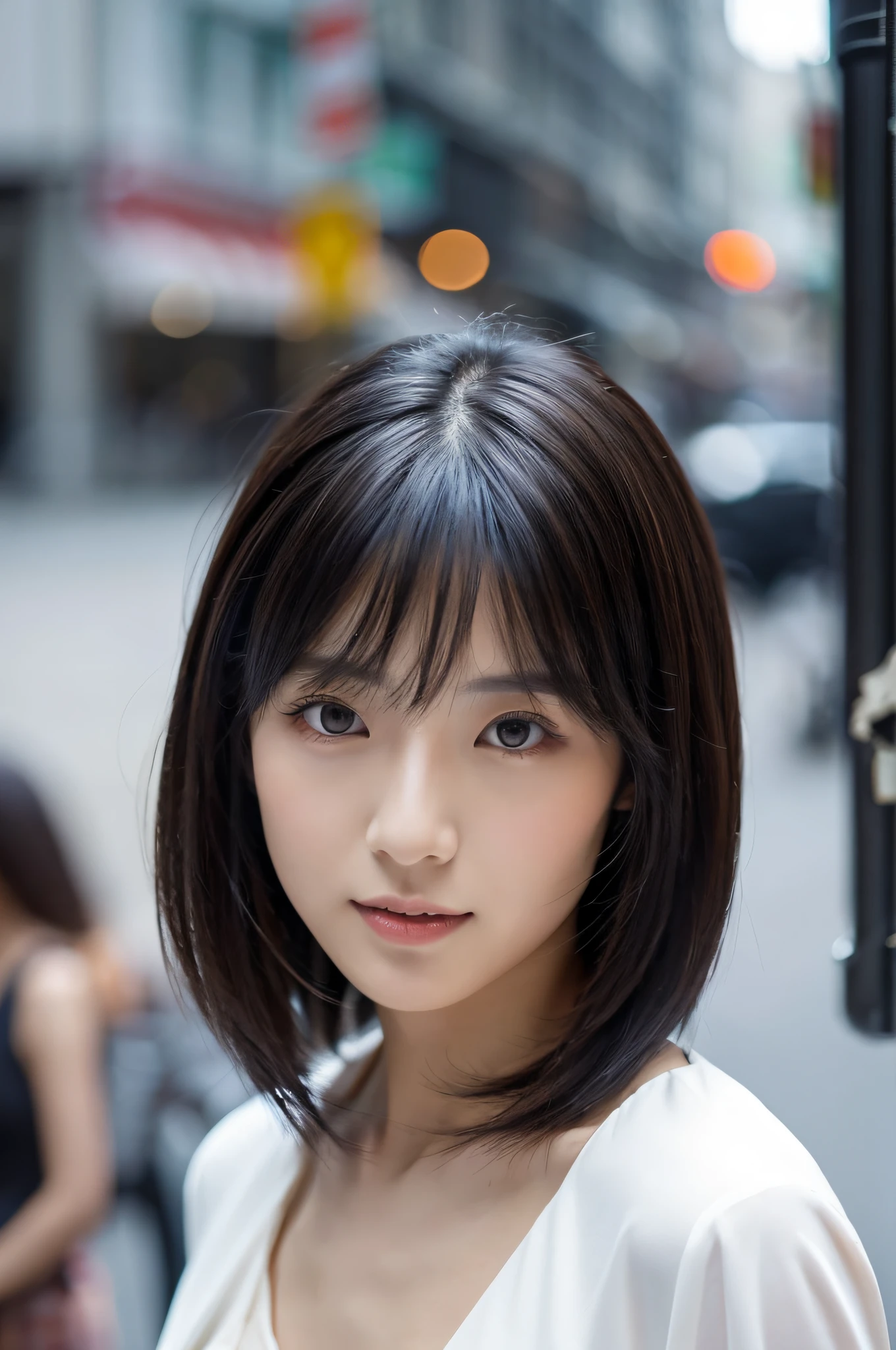 1 female,26 year old,(Numeric Portrait:Mayu Yokota, Yuko Araki),黑The eye,Beautiful face,(Thin skeletal surface+The delicate face of),hyperdetailed face,(Delicate Japan makeup), Black colored eyes,Microcurls for long hair,(Messy and layered, By bangs), ssmile,Look into the camera,fair and smooth skin,(Best skin type:1.21),(鎖骨:1.2),Slim fit suit for women,Short white shirt with V-neck,Short Hip Wrapping Skirt,Thin waist Long legs,the street,((Hasselblad Photograp)),Surreal Photography, physically-based renderingt,profetional lighting,exquisite detailing,详细的脸,The picture is pure,perfect hand,Perfect posture,Ultra-fine makeup,ultra-fine clothing material、Live-action、