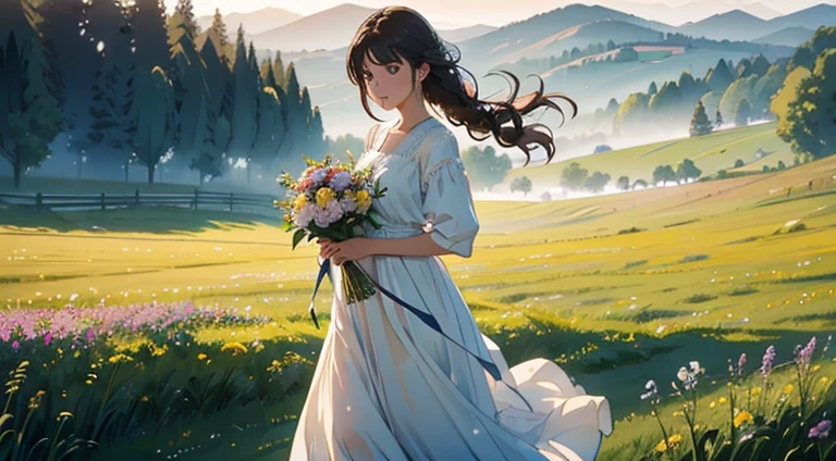 (Watercolor in Sargent style)、(top-quality、masterpiece)、(David Hamilton Style)、(softfocus)、Cinema Angle、ciinematic light、Soft light、Countryside painted on a foggy morning、Create an ethereal scene in a calm morning misty meadow。Draw delicate and blurry brushwork、Capture the elusive nature of fog、Enhance the serene atmosphere of the countryside、One lady、dark brown hair、Braided hair、White blouse and long skirt、picnic、standing on a hill、blown by the wind、Holding a bouquet of flowers in your hands、