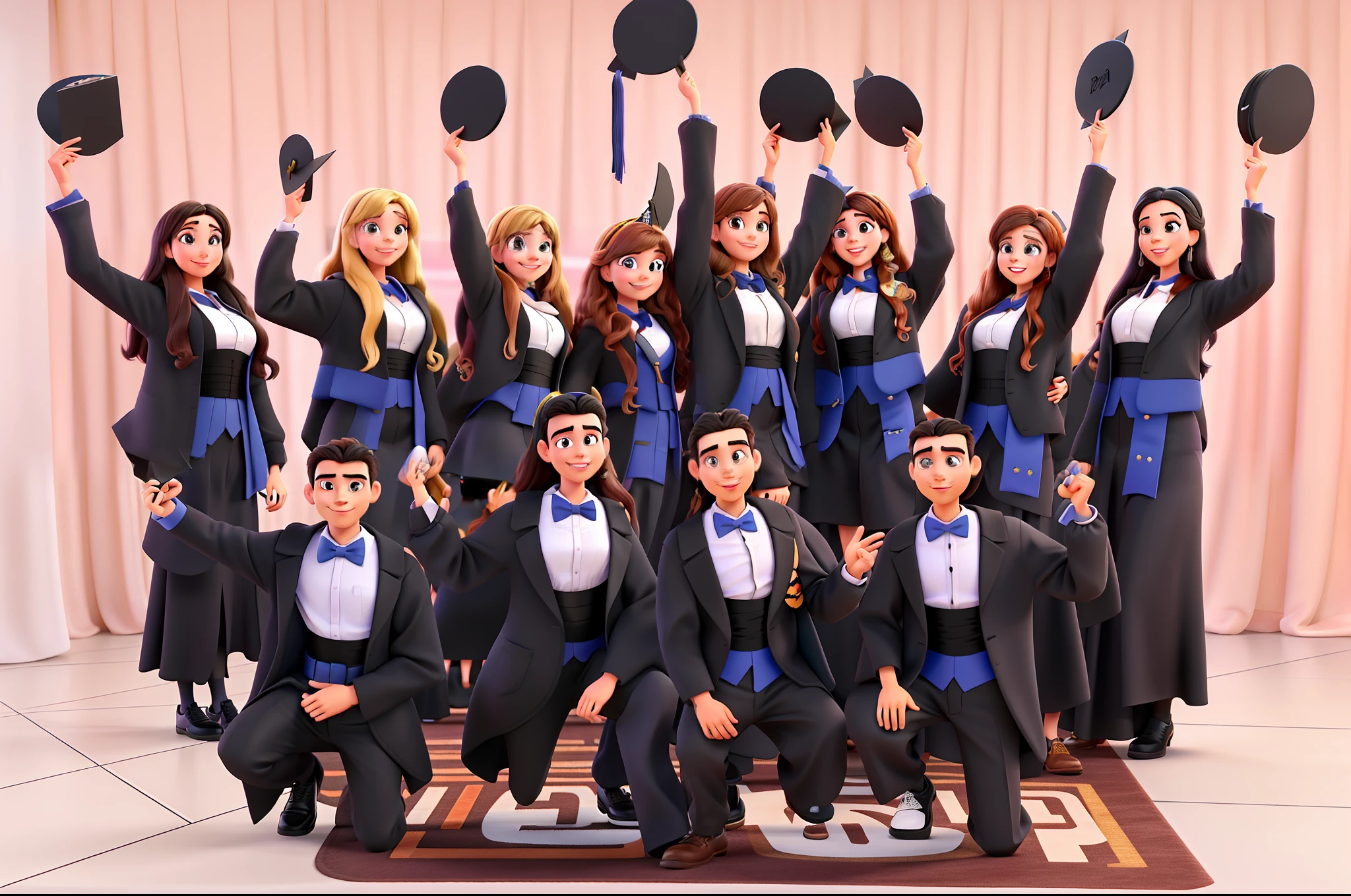 Disney pixar style image of a graduation with four men holding black mortarboard in hand and eight women holding mortarboard . Todos de beca preta. Alta qualidade, melhor qualidade.