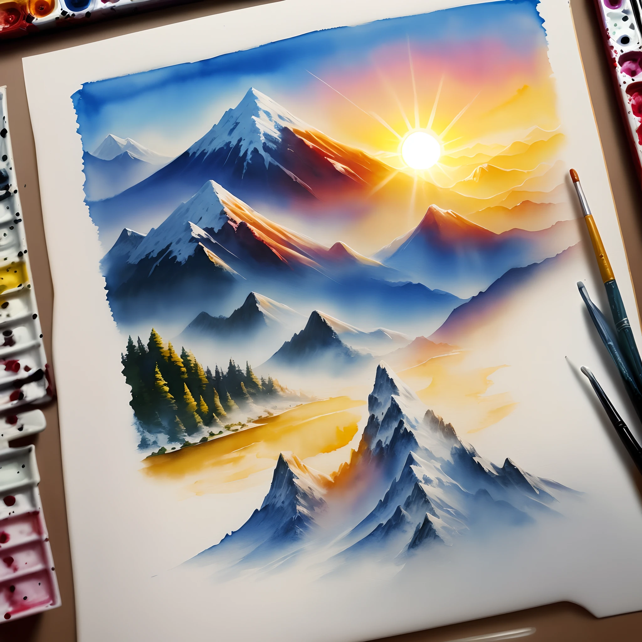 Create a image mountain sun and ravire watercolor pain