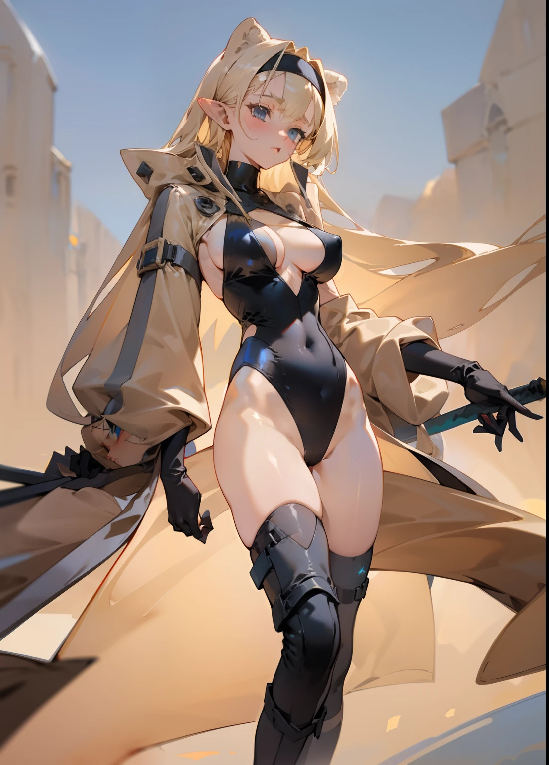 Deep V one-piece swimsuit，pointy ears，Long beige hair，Transparent coat，one-girl，Bigboobs，Siamese black silk，Over-the-knee boots，sword